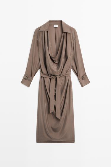 Draped neckline trench dress - STUDIO — BROWN 2