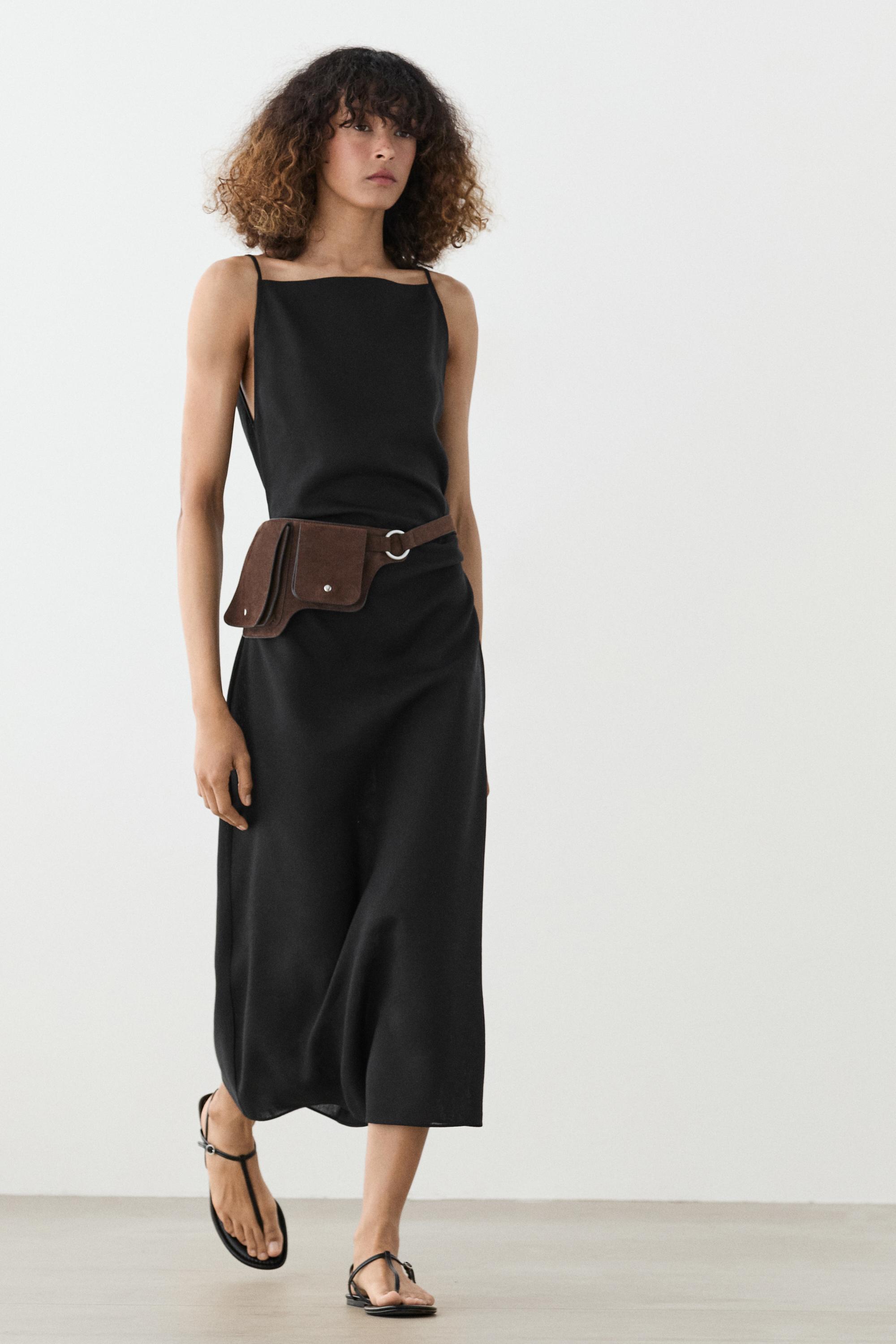 massimo dutti black linen dress Linen midi dress with asymmetric sleeves Black Dress