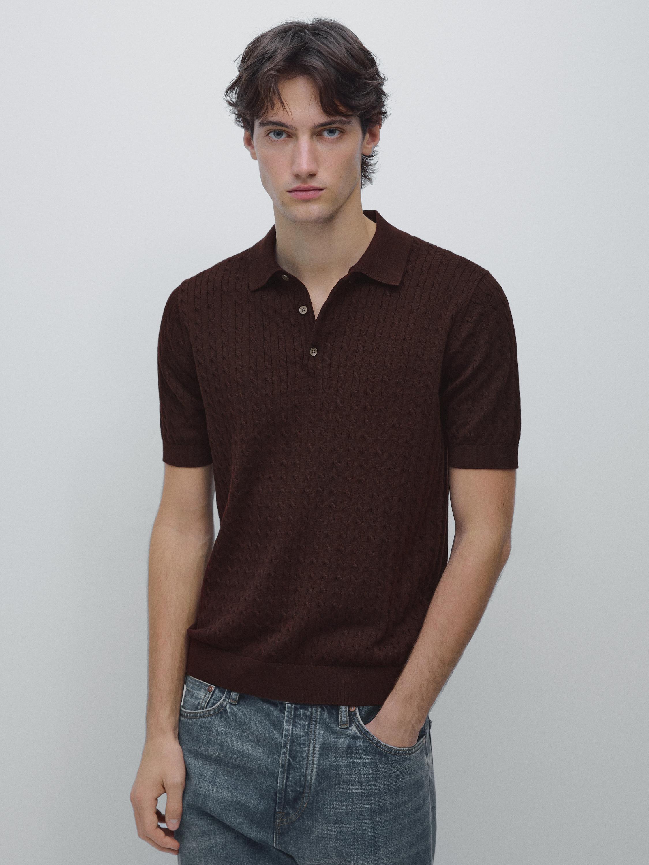 100% cotton cable-knit polo shirt — BURGUNDY