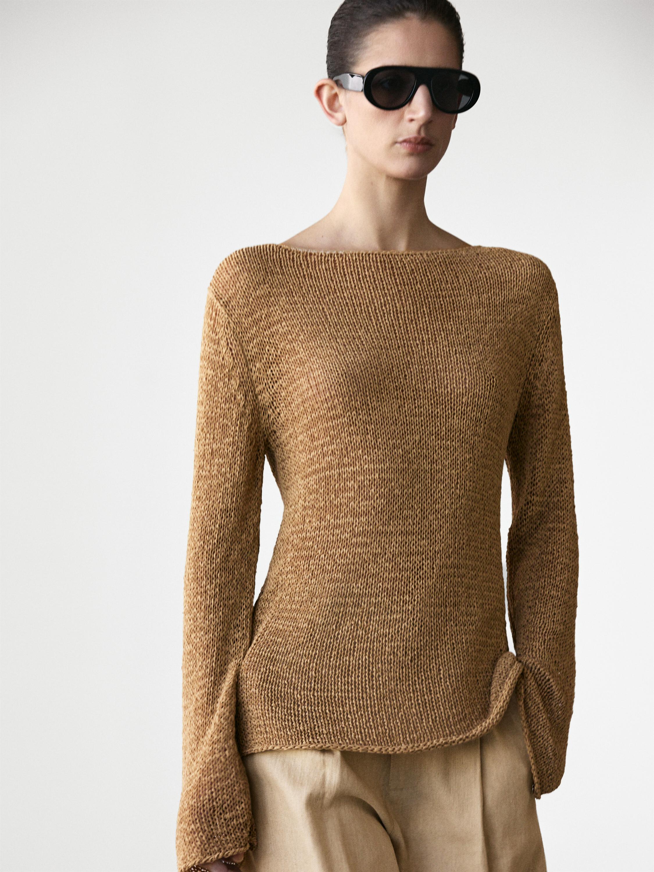 Cotton blend knit boat neck sweater — OCHRE