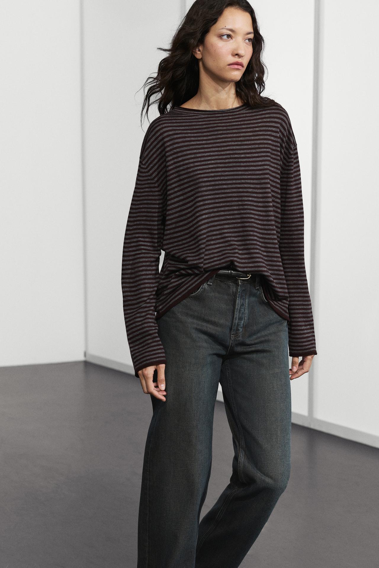 Striped knit sweater with mock turtleneck — MOLE BROWN
