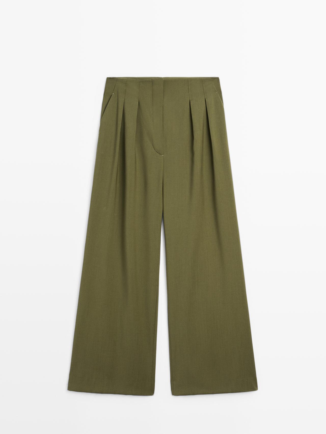 Massimo Dutti - Dames - Wollen Bandplooibroek - Studio - Mosgroen - 40