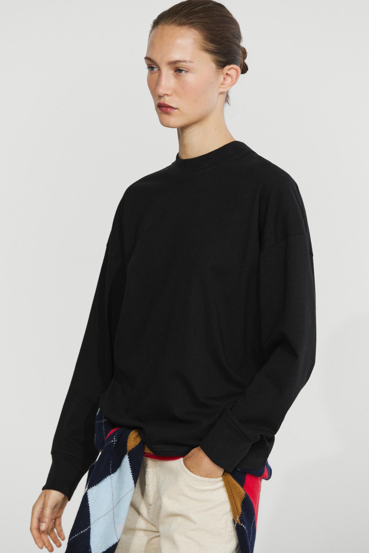Long sleeve round neck T-shirt — BLACK