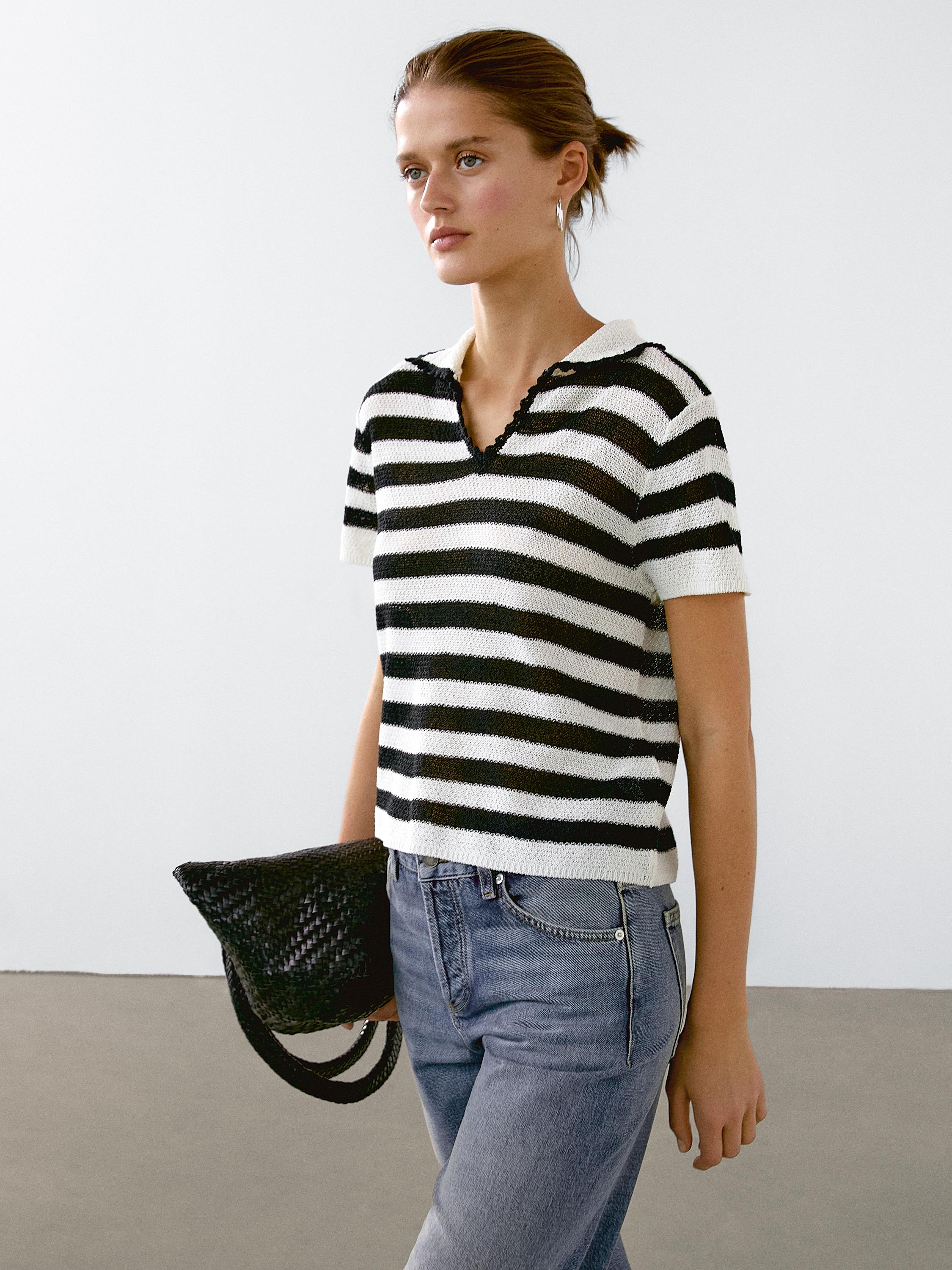 Striped cotton blend polo sweater