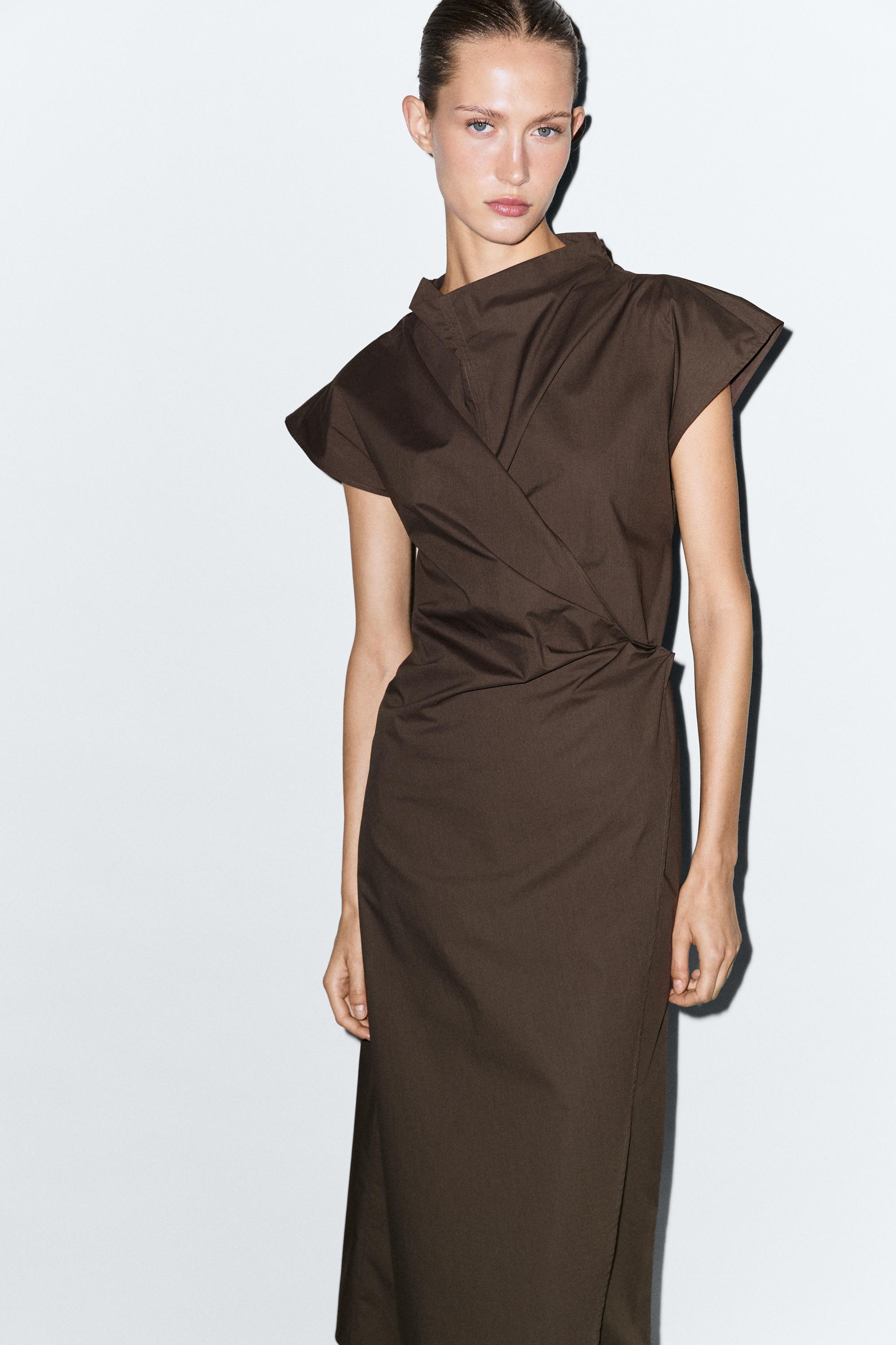 100% cotton draped poplin dress — BROWN