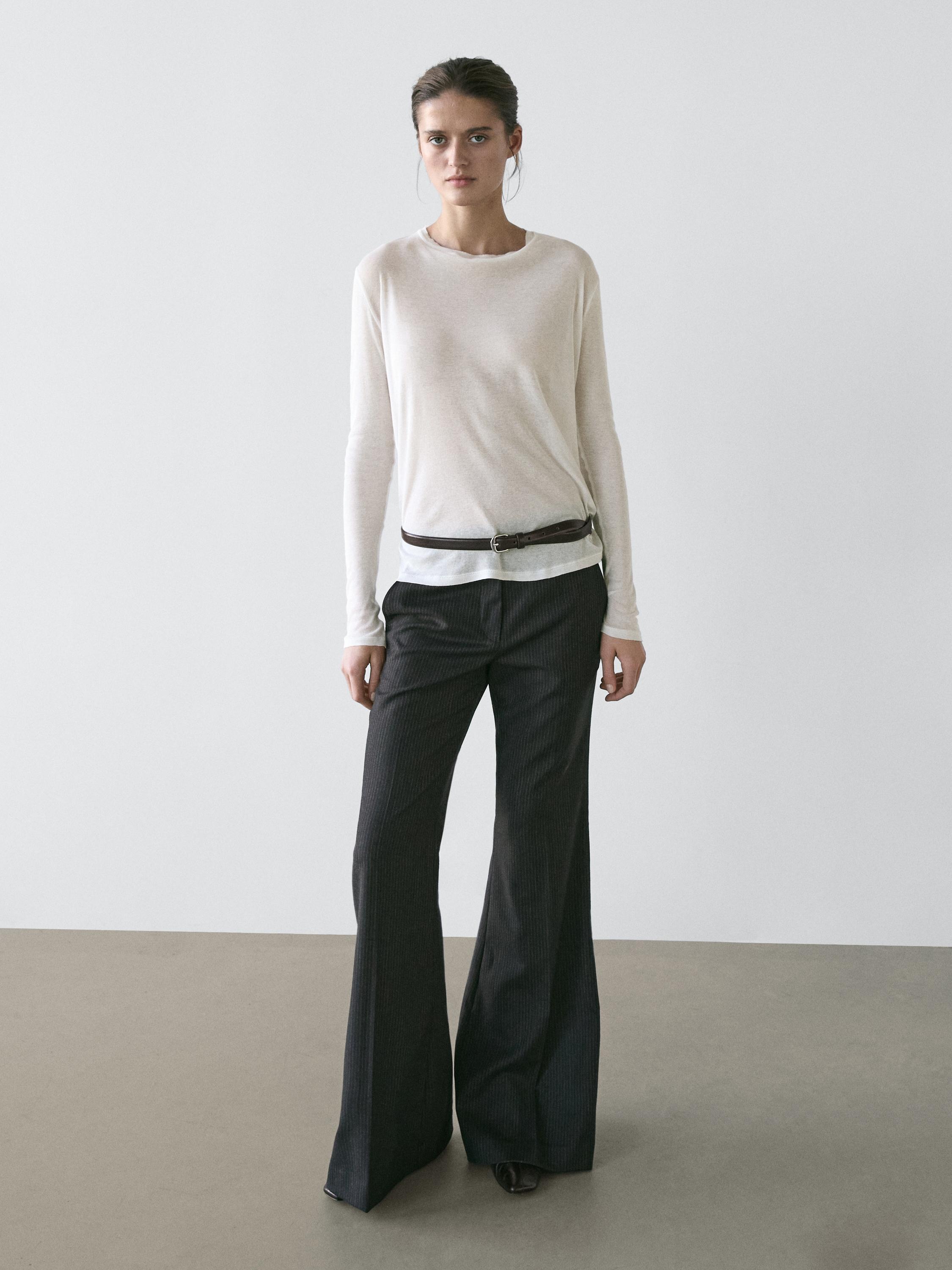 100% cotton semi-sheer T-shirt with collar detail — Off white