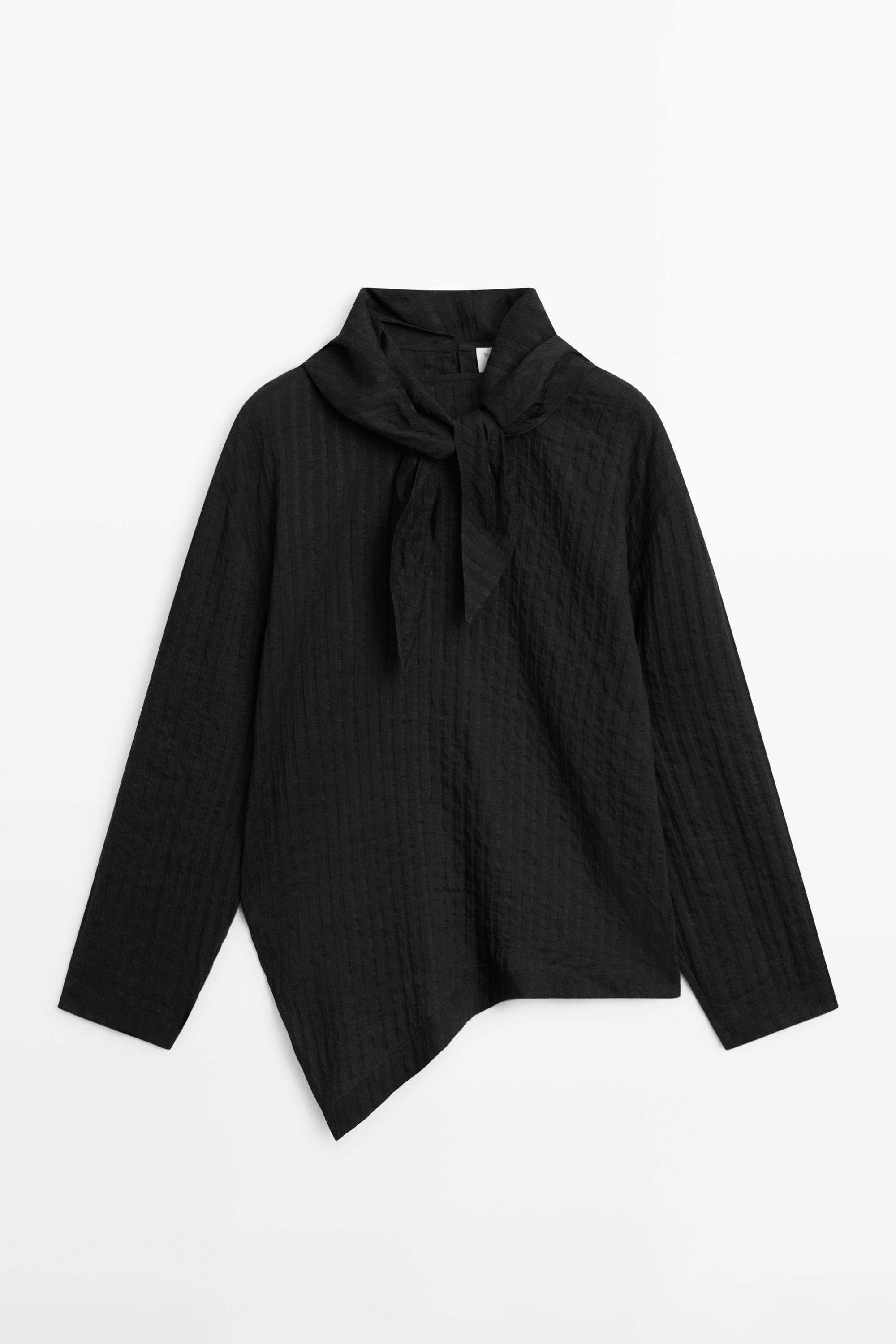 Striped flowing shirt with scarf detail — BLACK