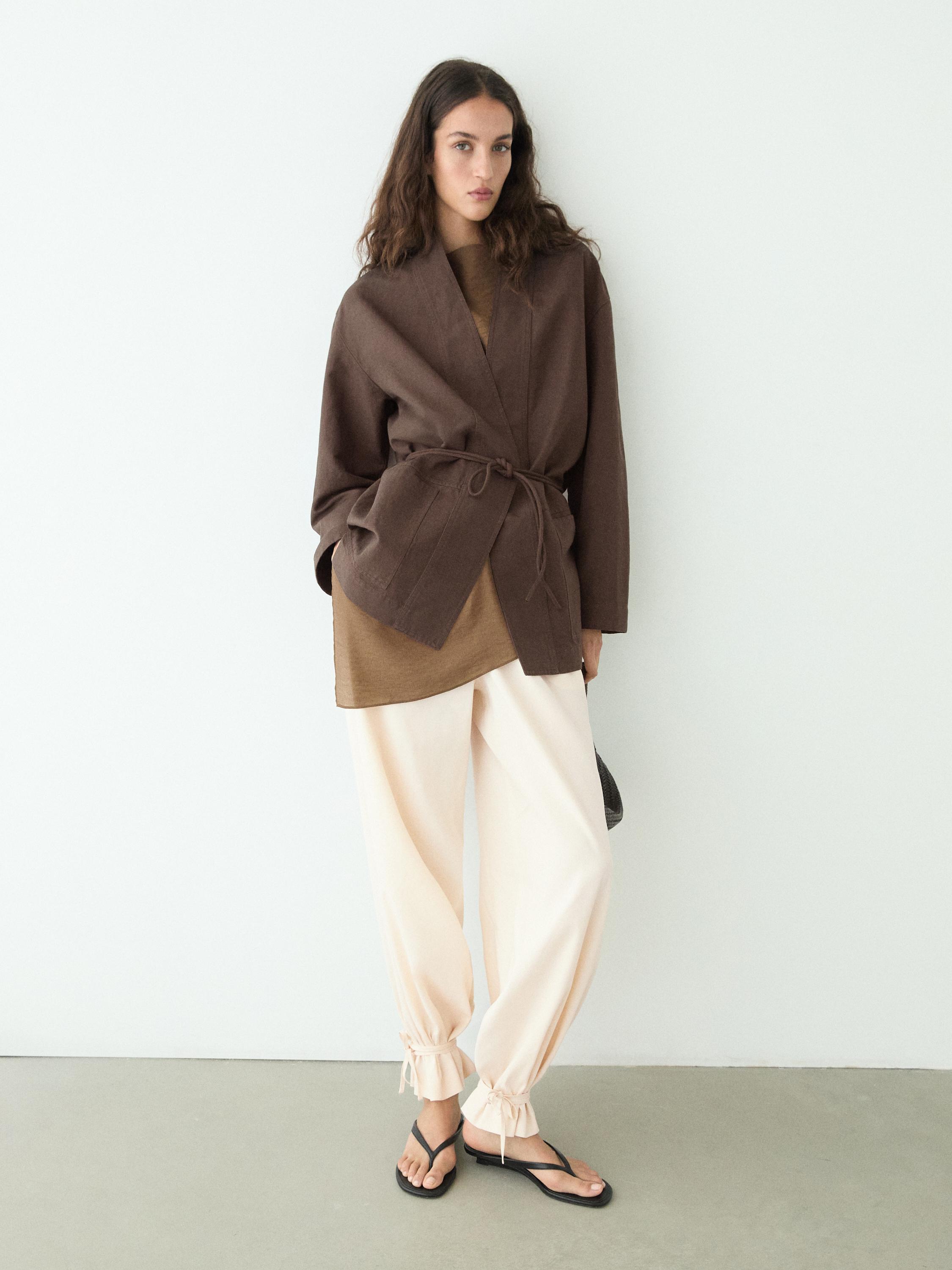 Linen blend kimono jacket with tie detail — Chocolate