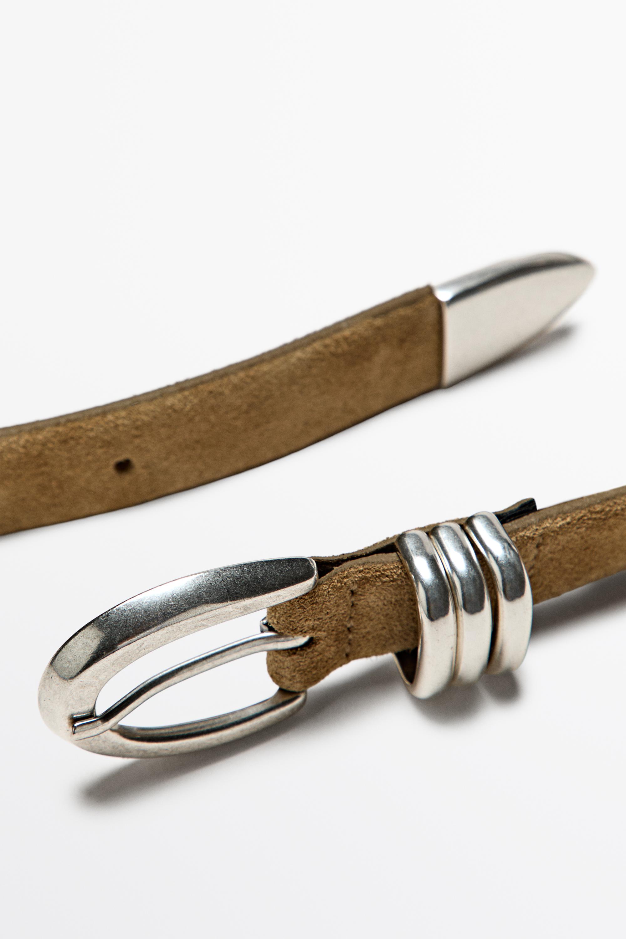 Split suede leather belt with metal detail — SAND