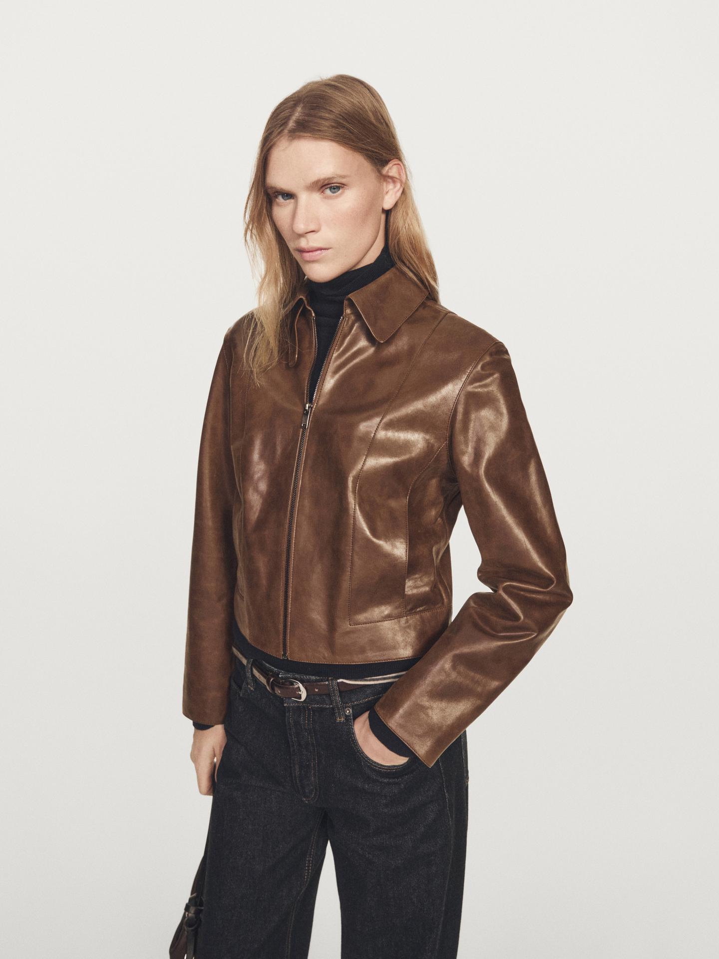 Blouson En Cuir Noir Massimo Dutti - Taille 36/38 Femme, Coupe Bomber - Occasion En Très Bon état