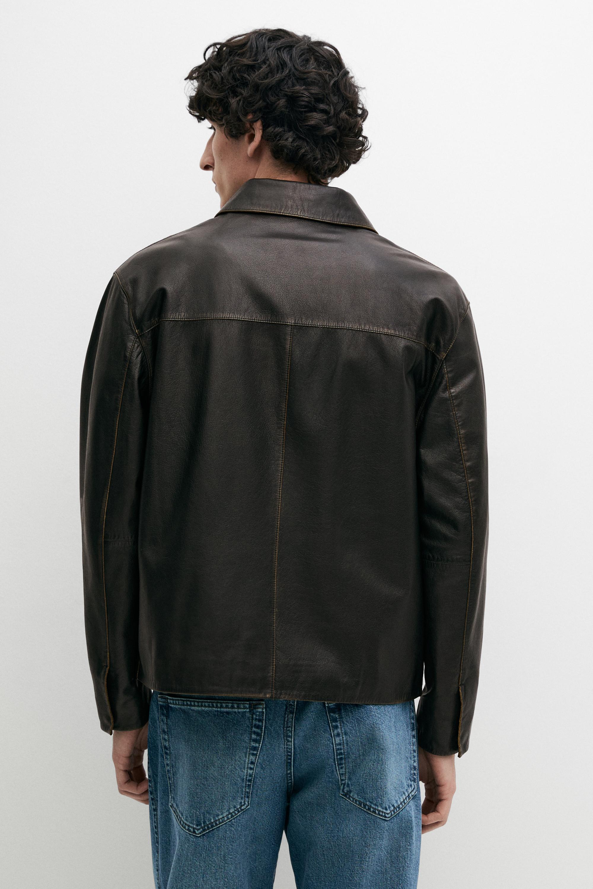 Distressed effect leather jacket — BROWN
