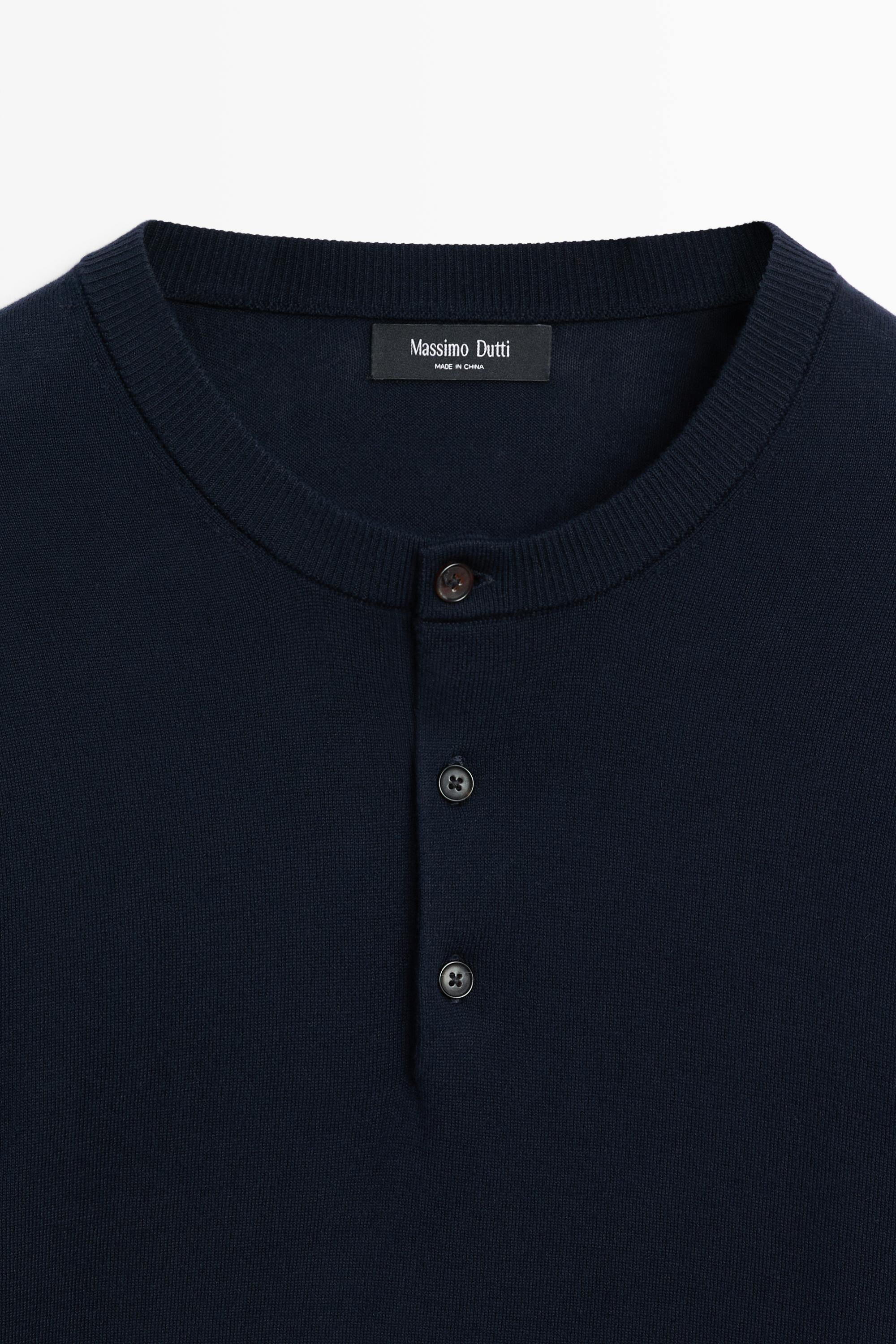 100% Cotton Henley Neck Knit Sweater — NAVY BLUE