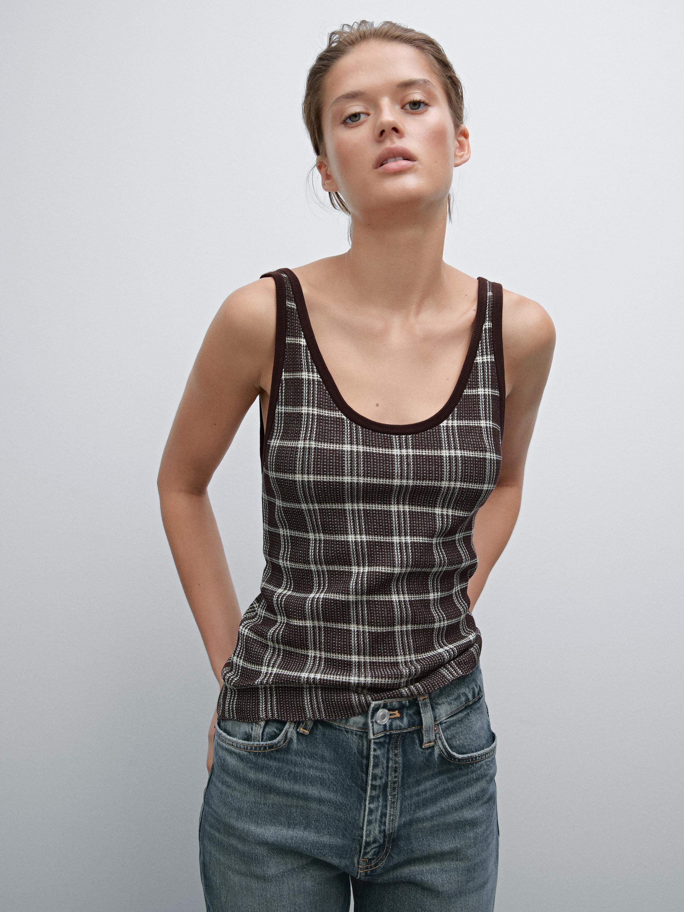 100% cotton check knit top