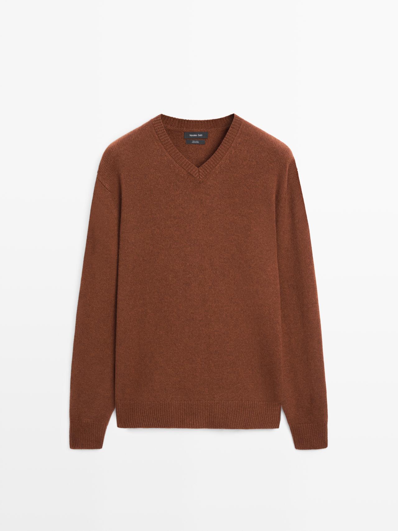 Massimo Dutti - Heren - 100% Wollen Tricot Trui Met V-Hals - Ketel - M