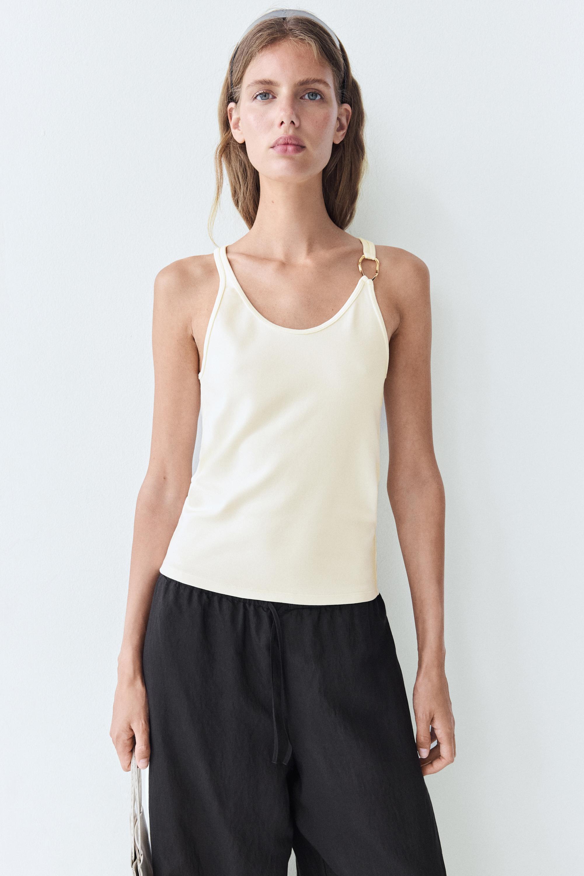 Cotton blend jeweled detail top — CREAM