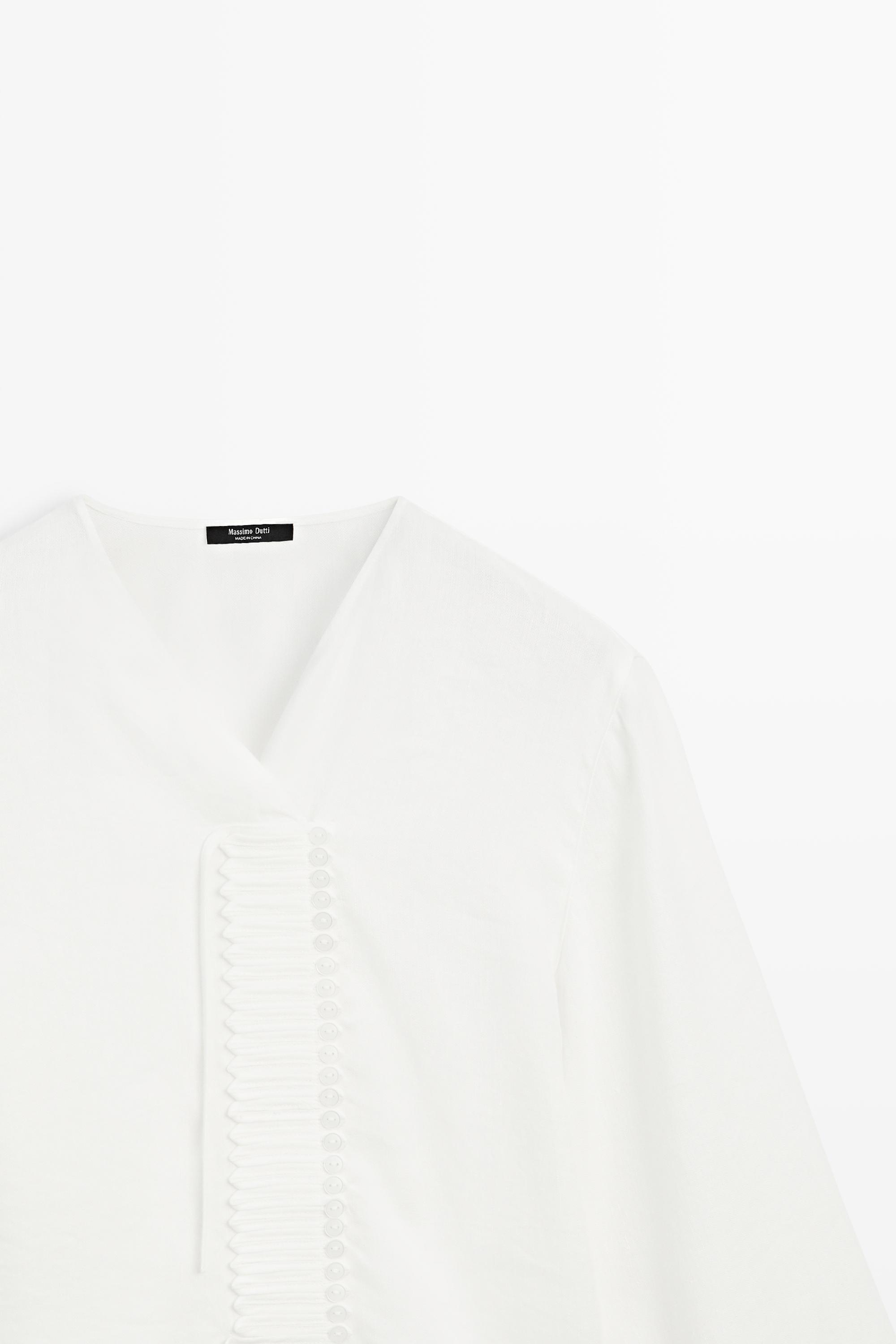 Flowing linen blend blouse with button detail — WHITE