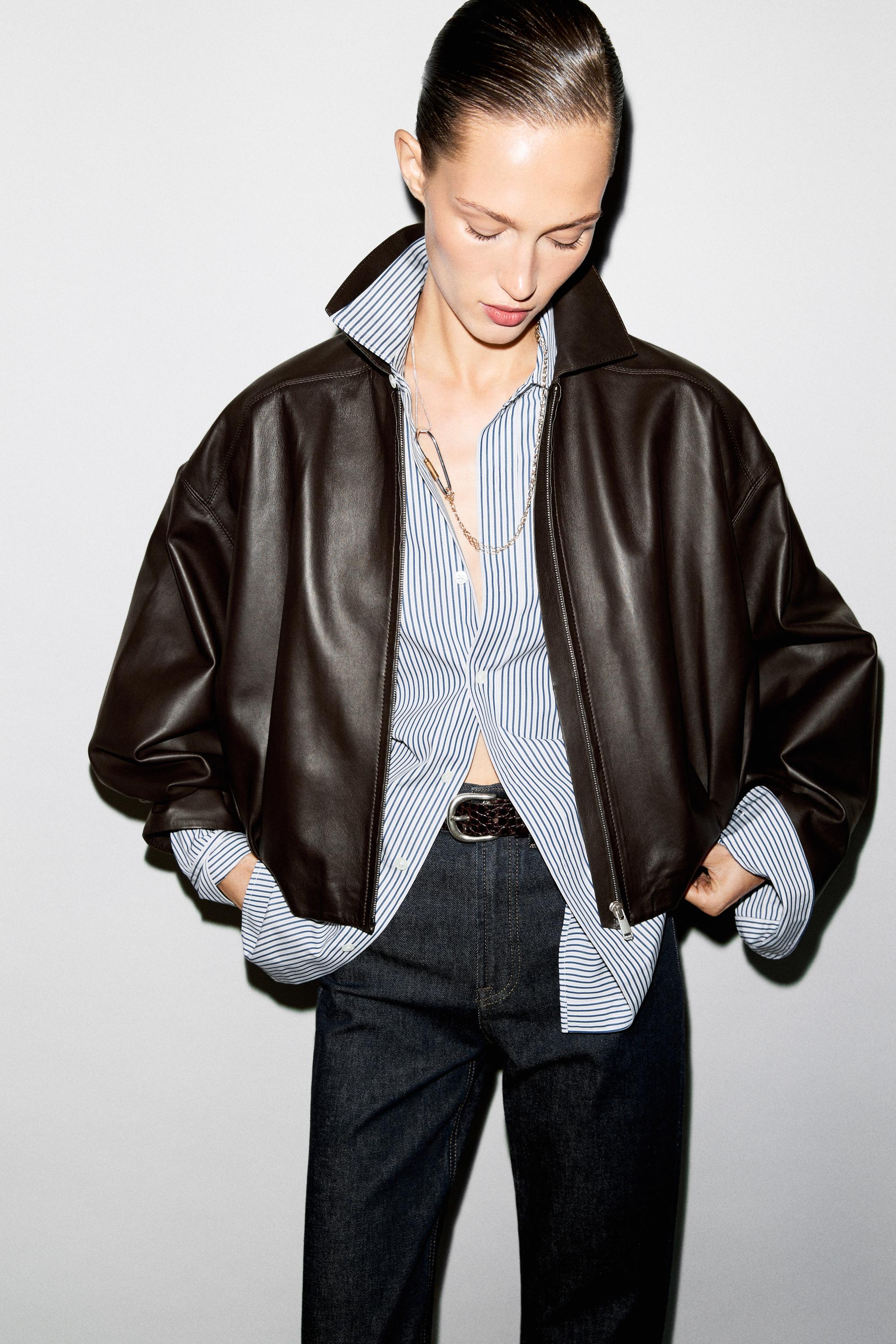 Nappa leather bomber jacket with pleat detail — BROWN