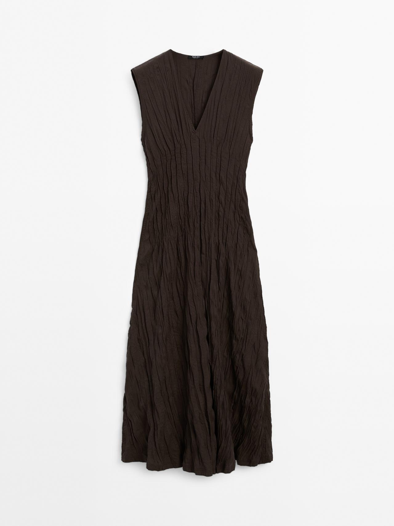 Massimo Dutti - Dame - Flagrende, Plisseret Midikjole - Chokolade - Xs