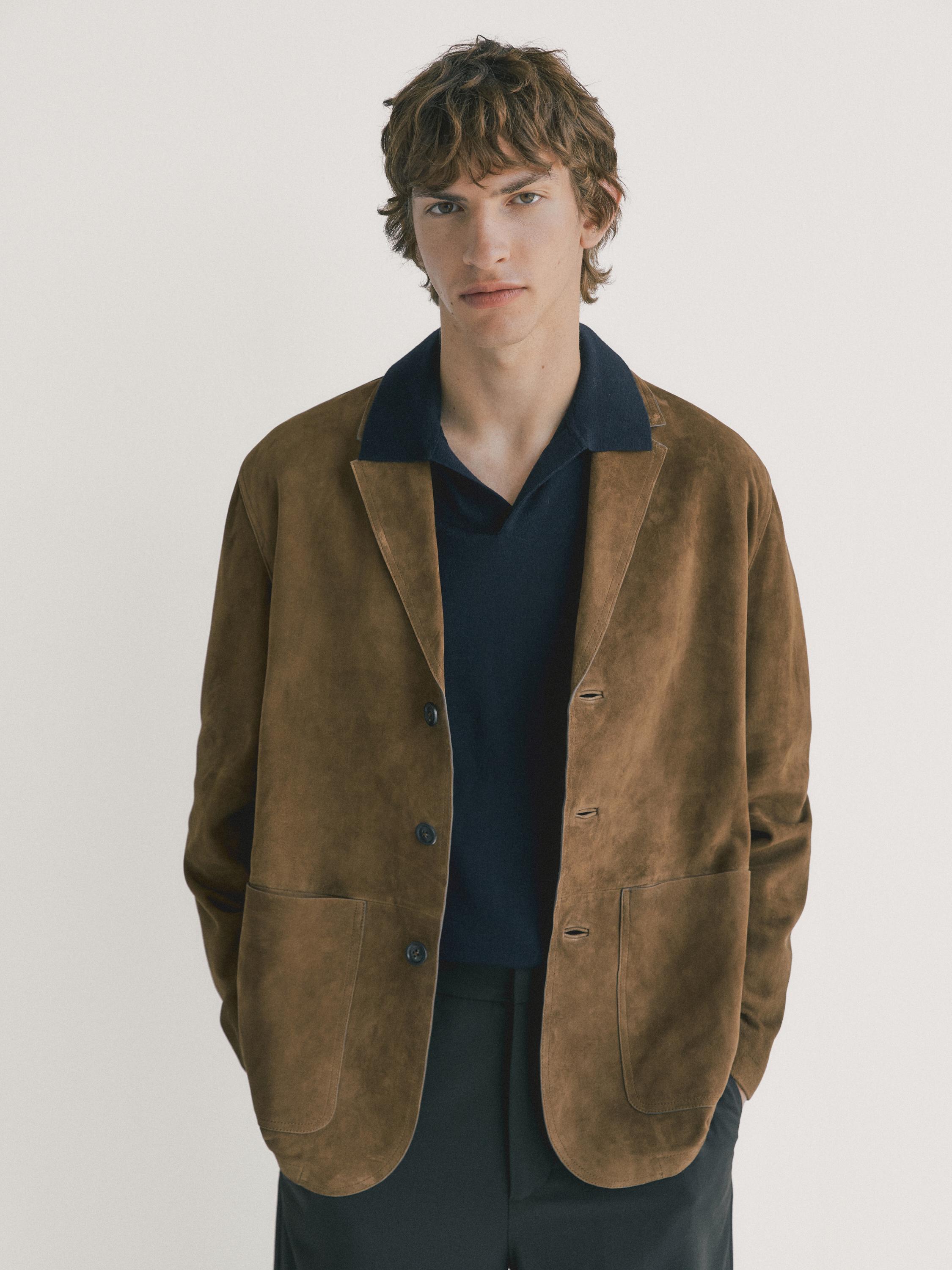 Suede leather blazer with topstitching