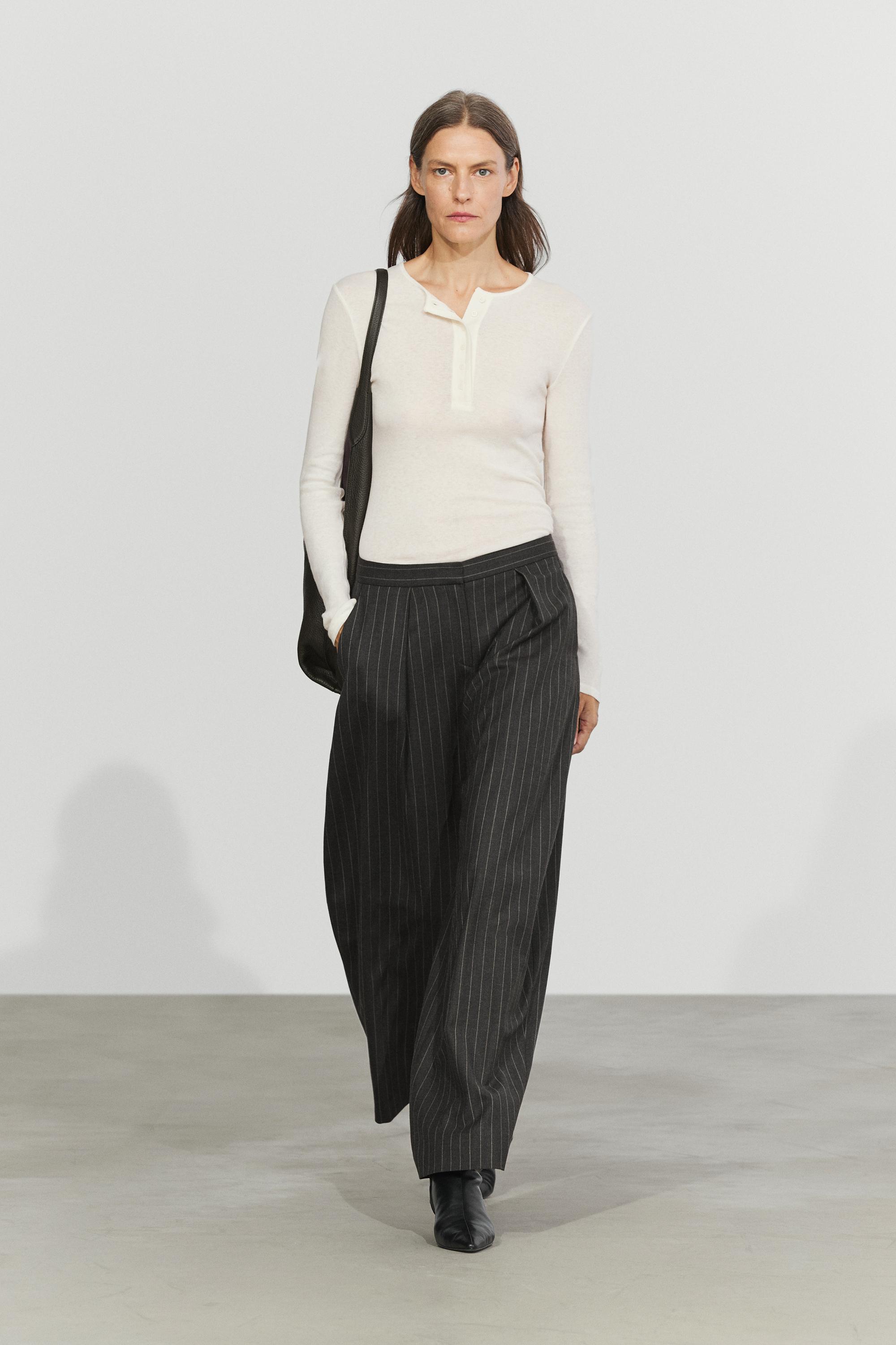 Wool blend striped wide-leg pants