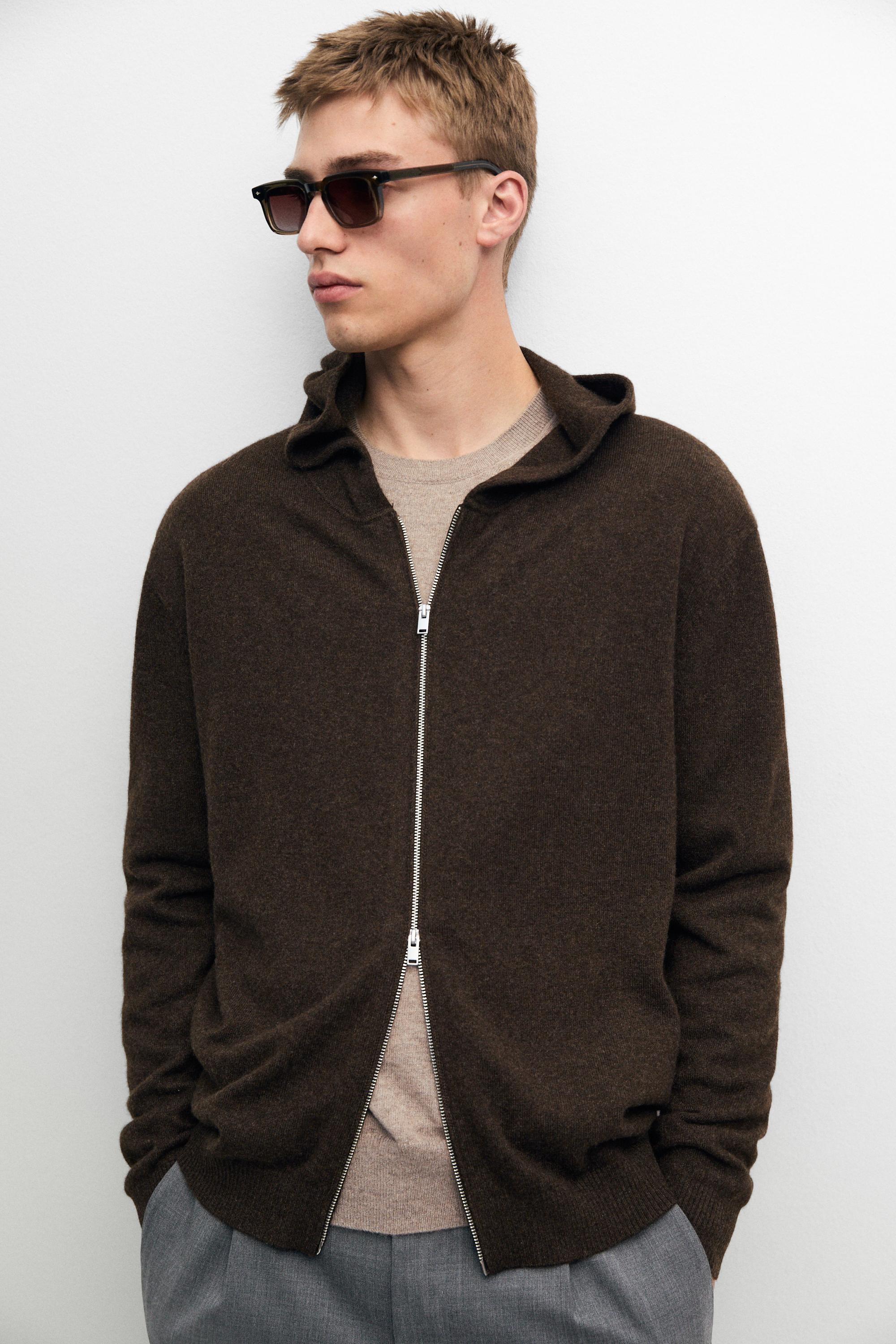 100% cashmere hooded knit cardigan — BROWN MARL