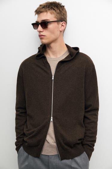 100% cashmere knit cardigan with hood — BROWN MARL 8