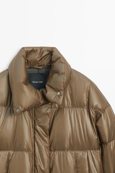Down jacket with plaid interior detail — CAMEL 4