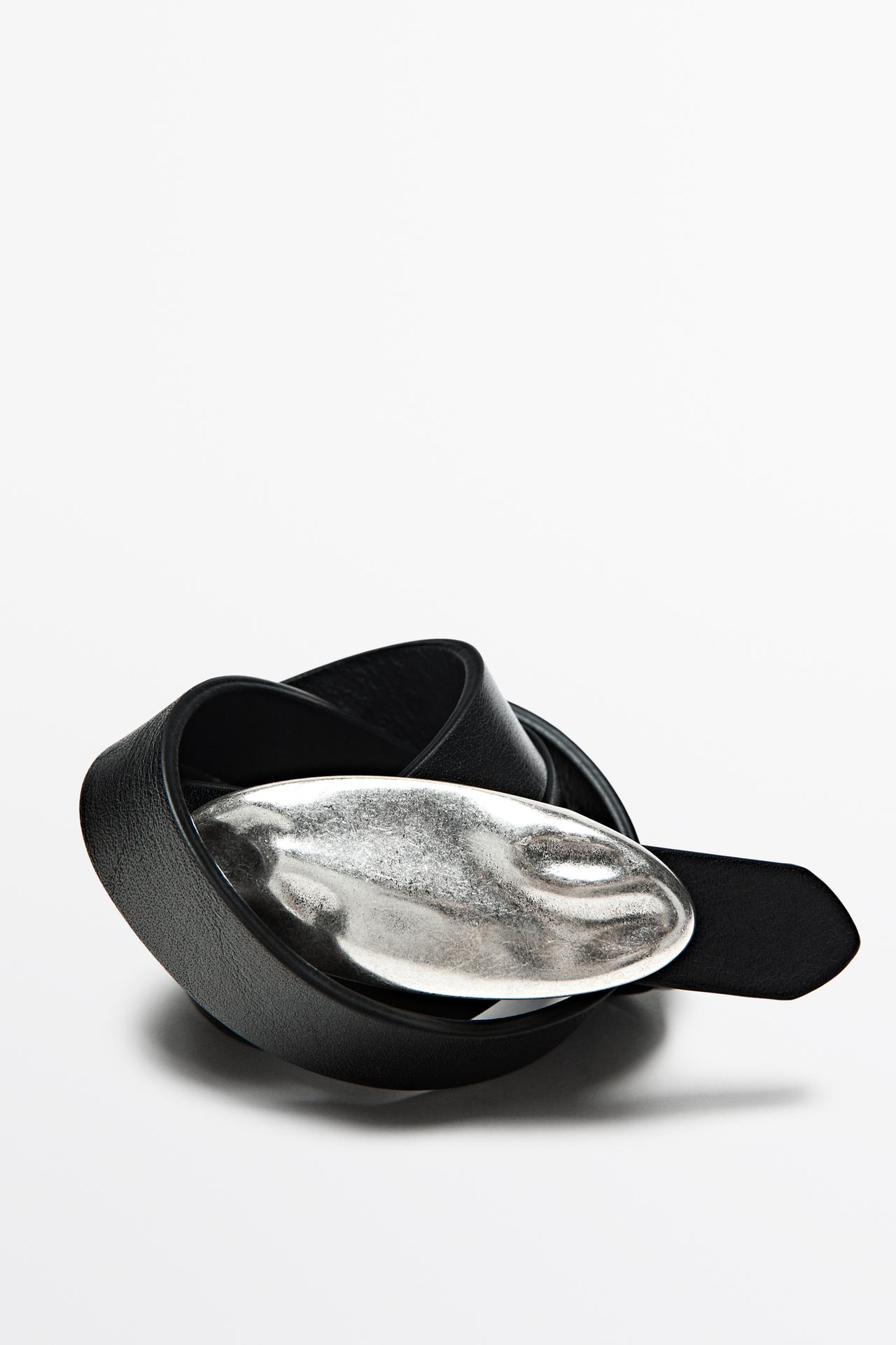 Nappa leather belt with hammered oval buckle — BLACK