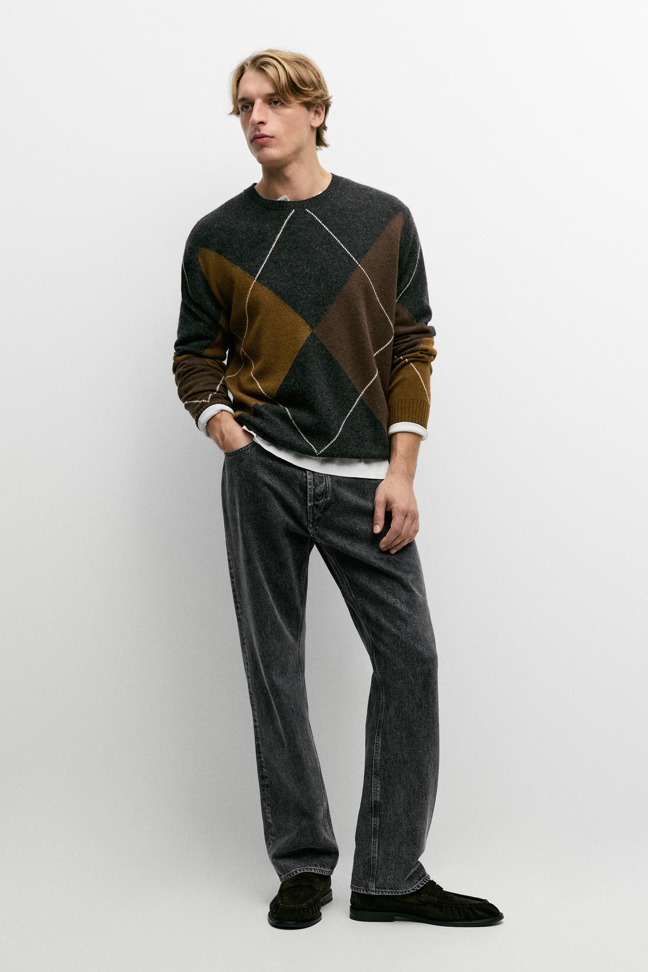 100% Wool Argyle Knit Sweater — CHARCOAL