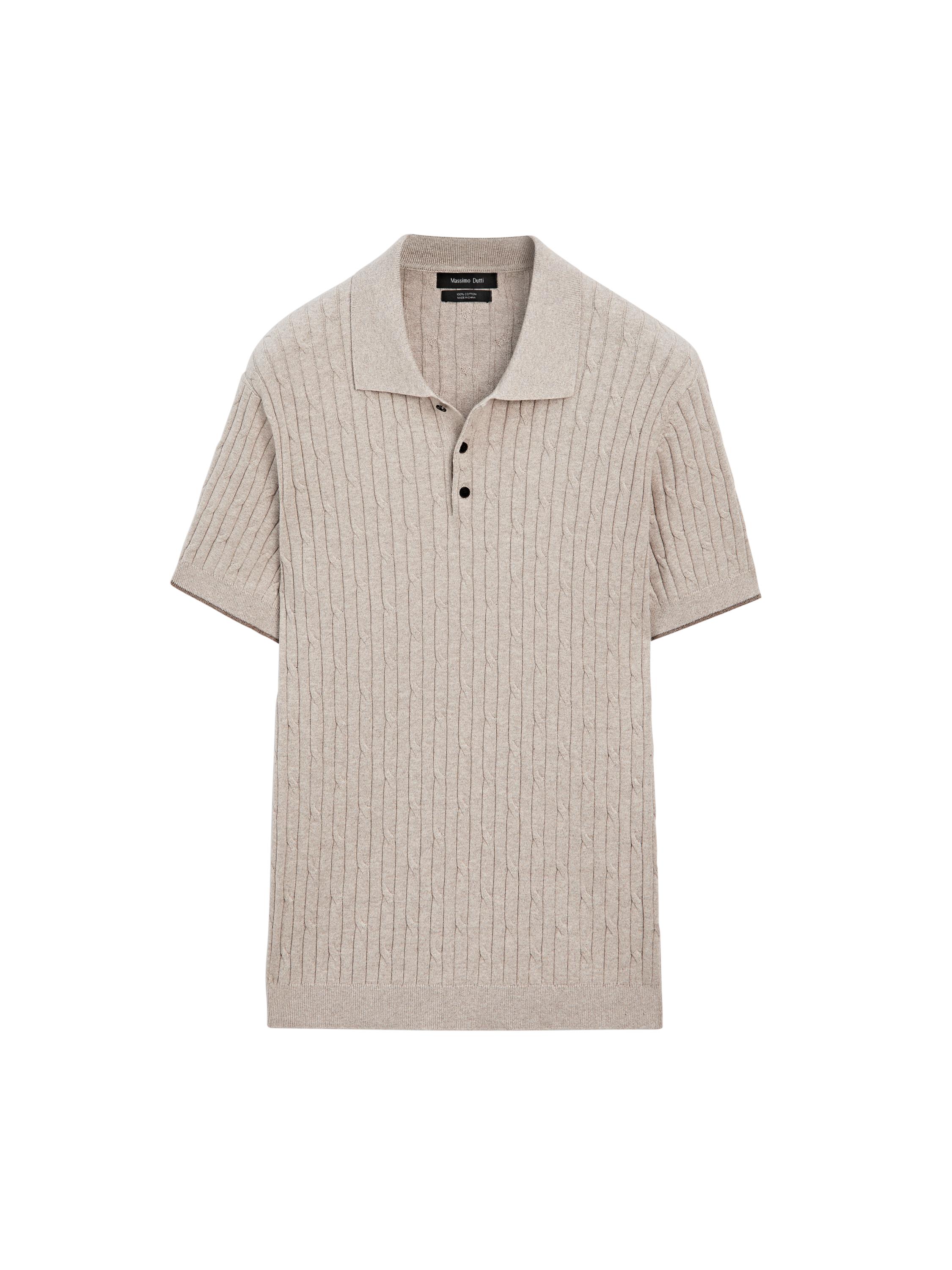 Cotton blend cable-knit polo sweater — BEIGE