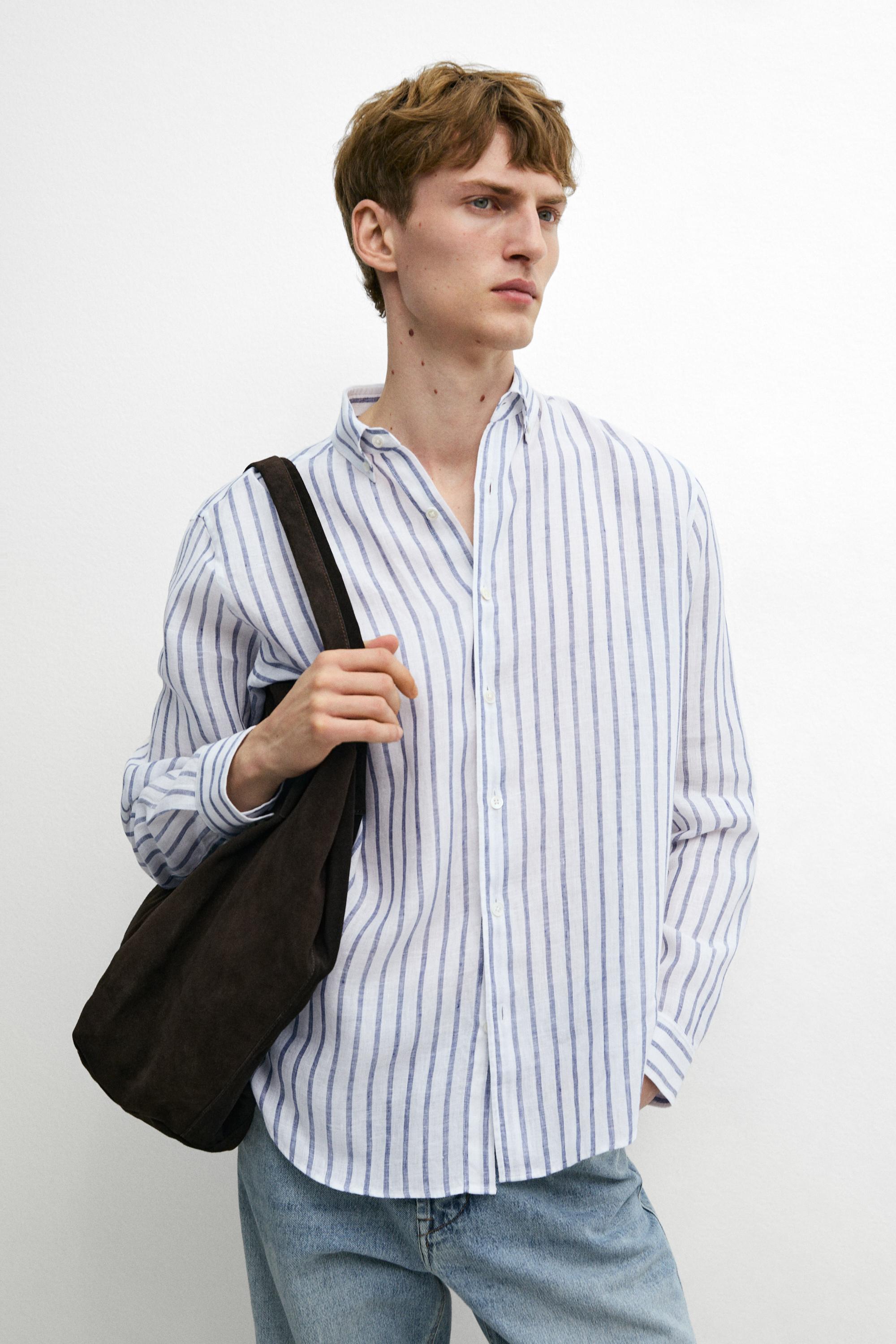 100% linen striped shirt — DARK BLUE