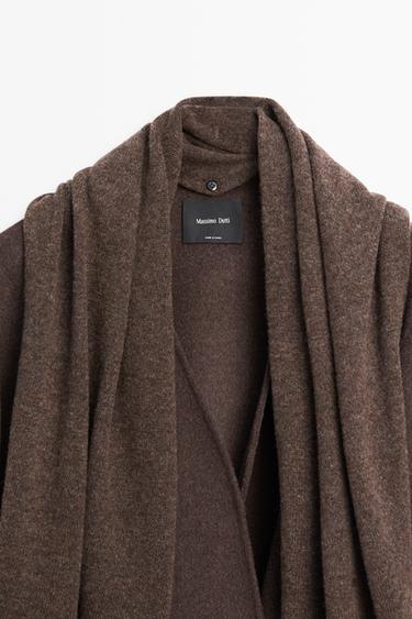 Wool-blend coat with scarf detail — BROWN 9