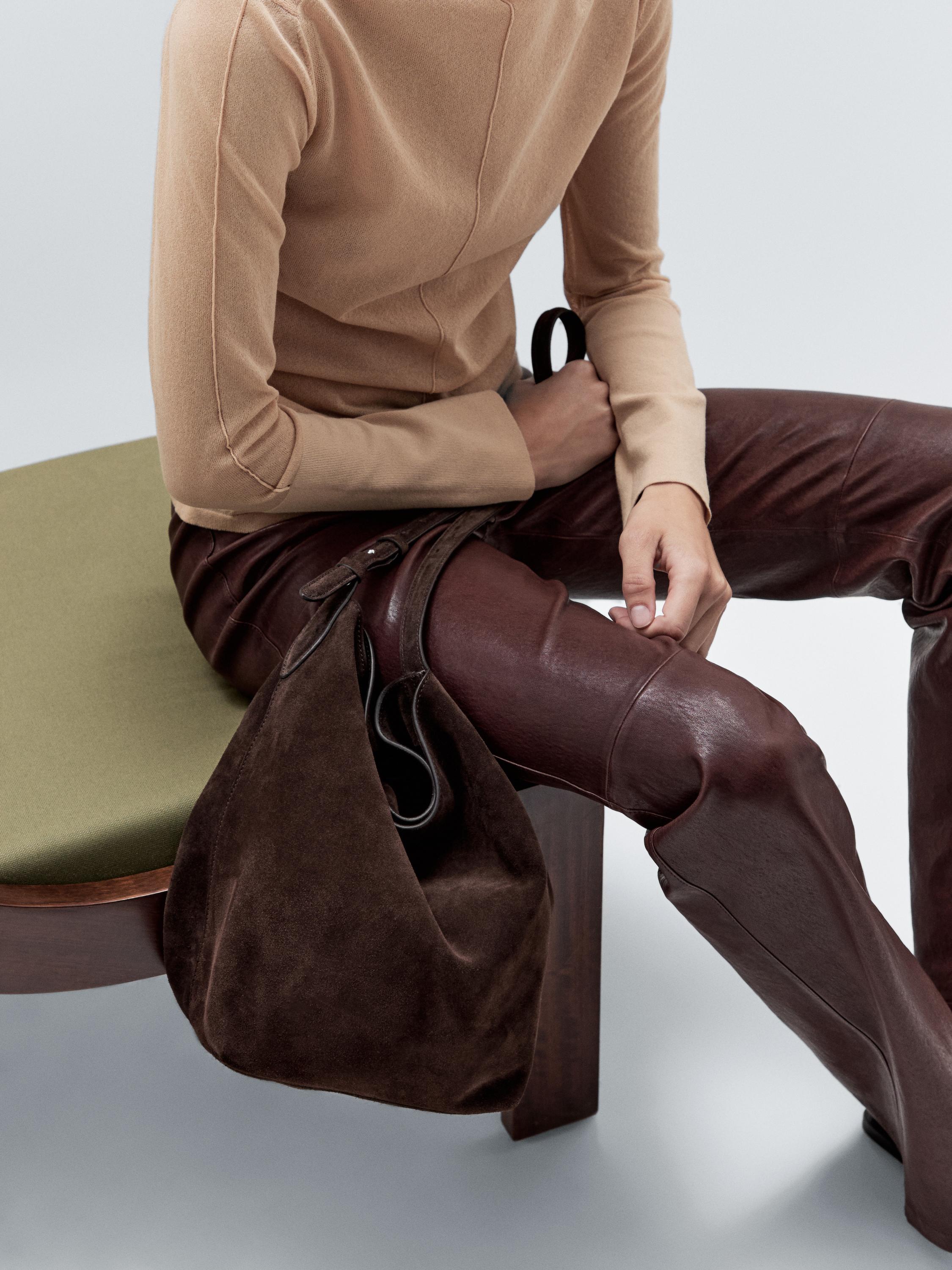 Split suede leather bucket bag — BROWN