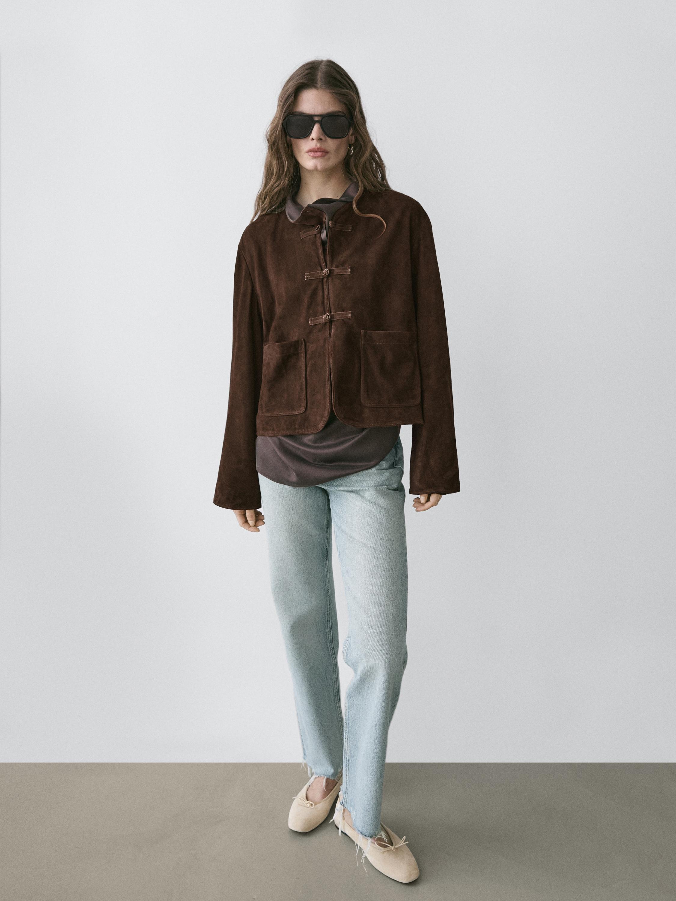 Short suede leather jacket — BROWN