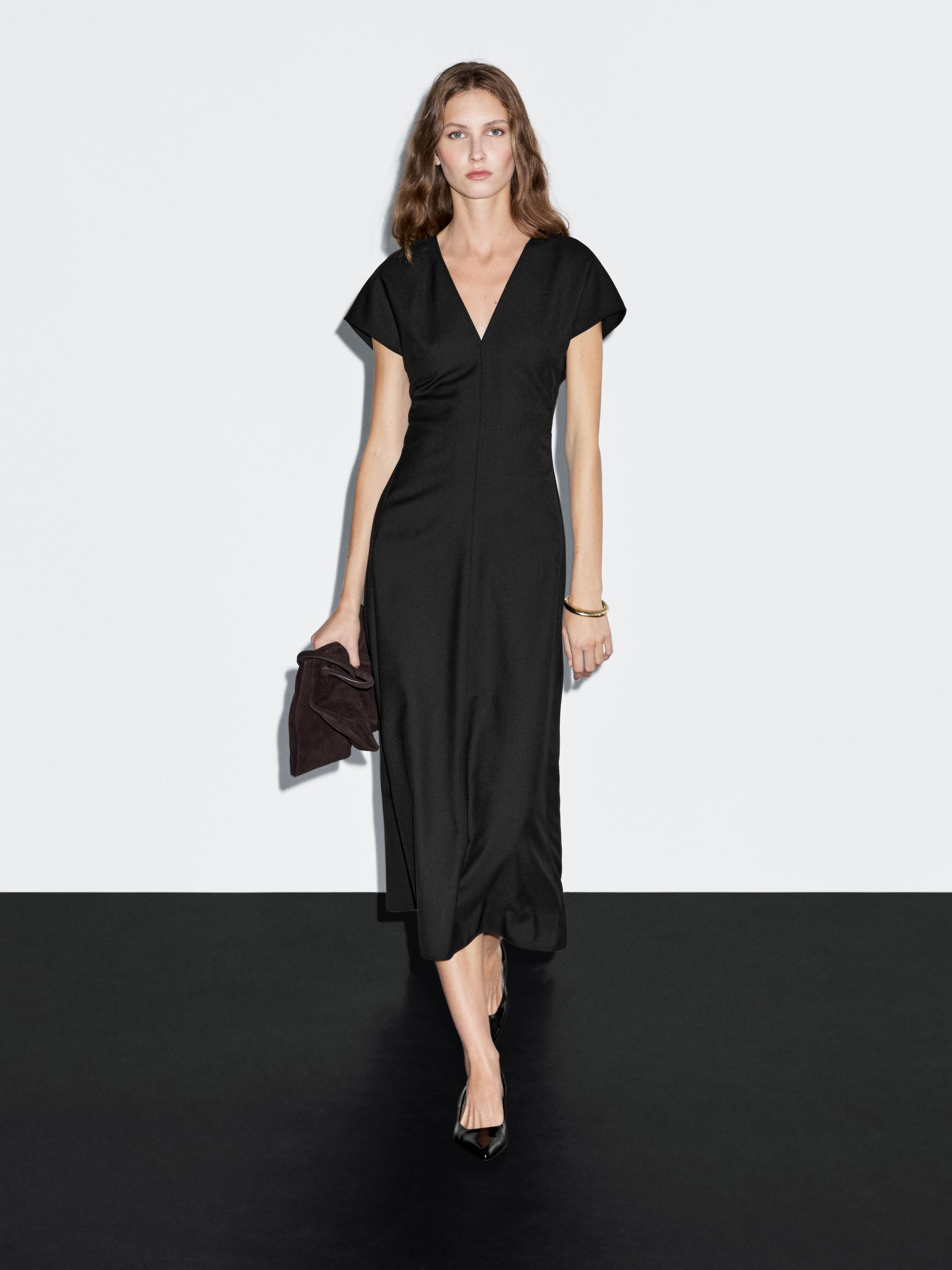 Long wool blend V-neck dress