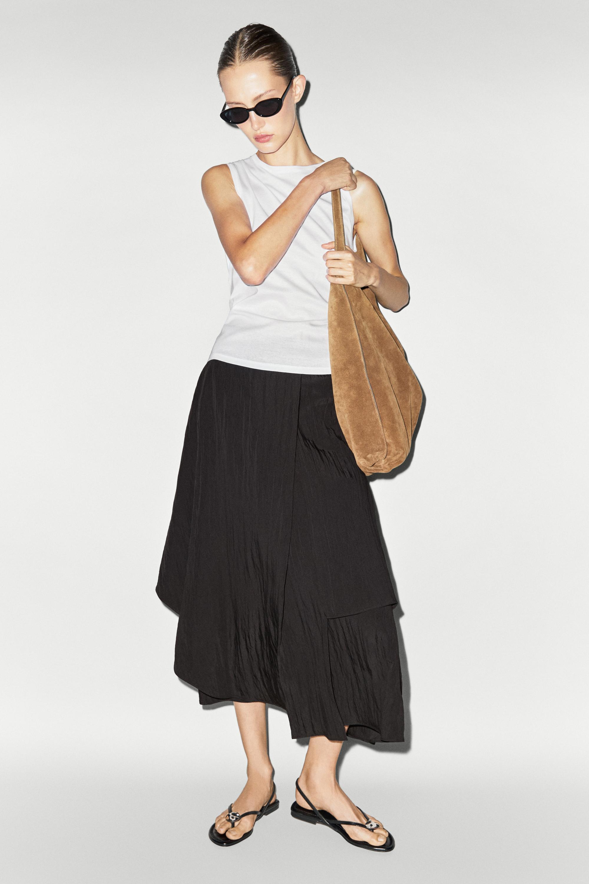 Flowing asymmetrical panel midi skirt — BLACK