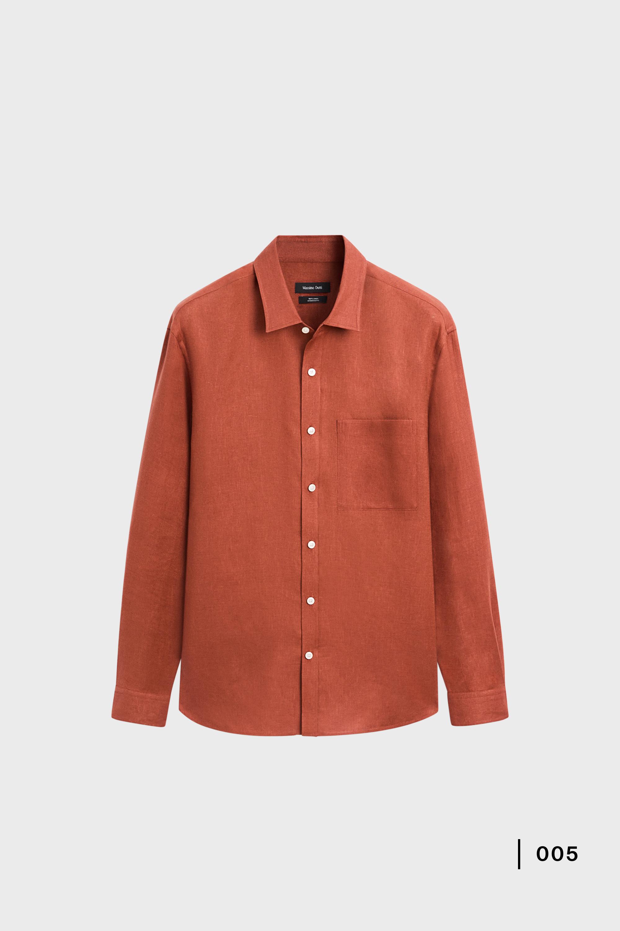 Regular fit 100% linen shirt with pocket detail — BURNT ORANGE