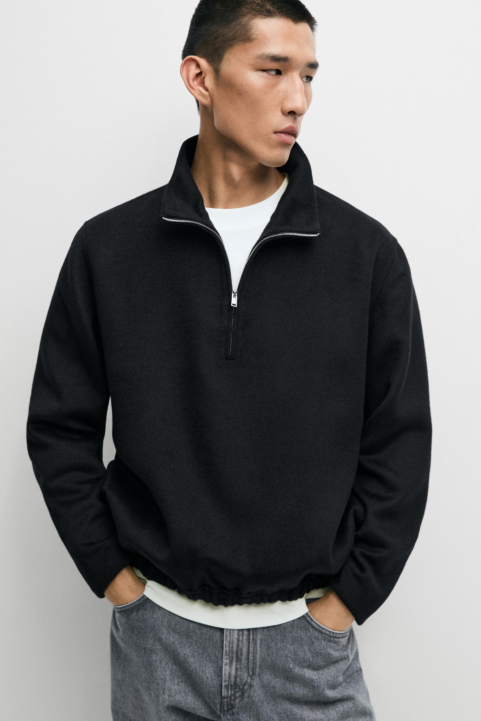 Wool blend double-faced mock neck sweatshirt