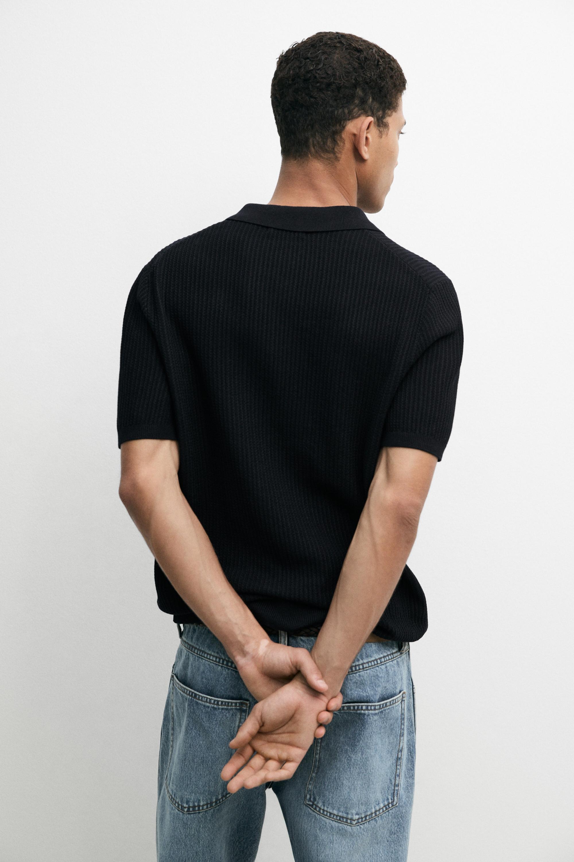 100% cotton textured knit polo sweater — NAVY BLUE