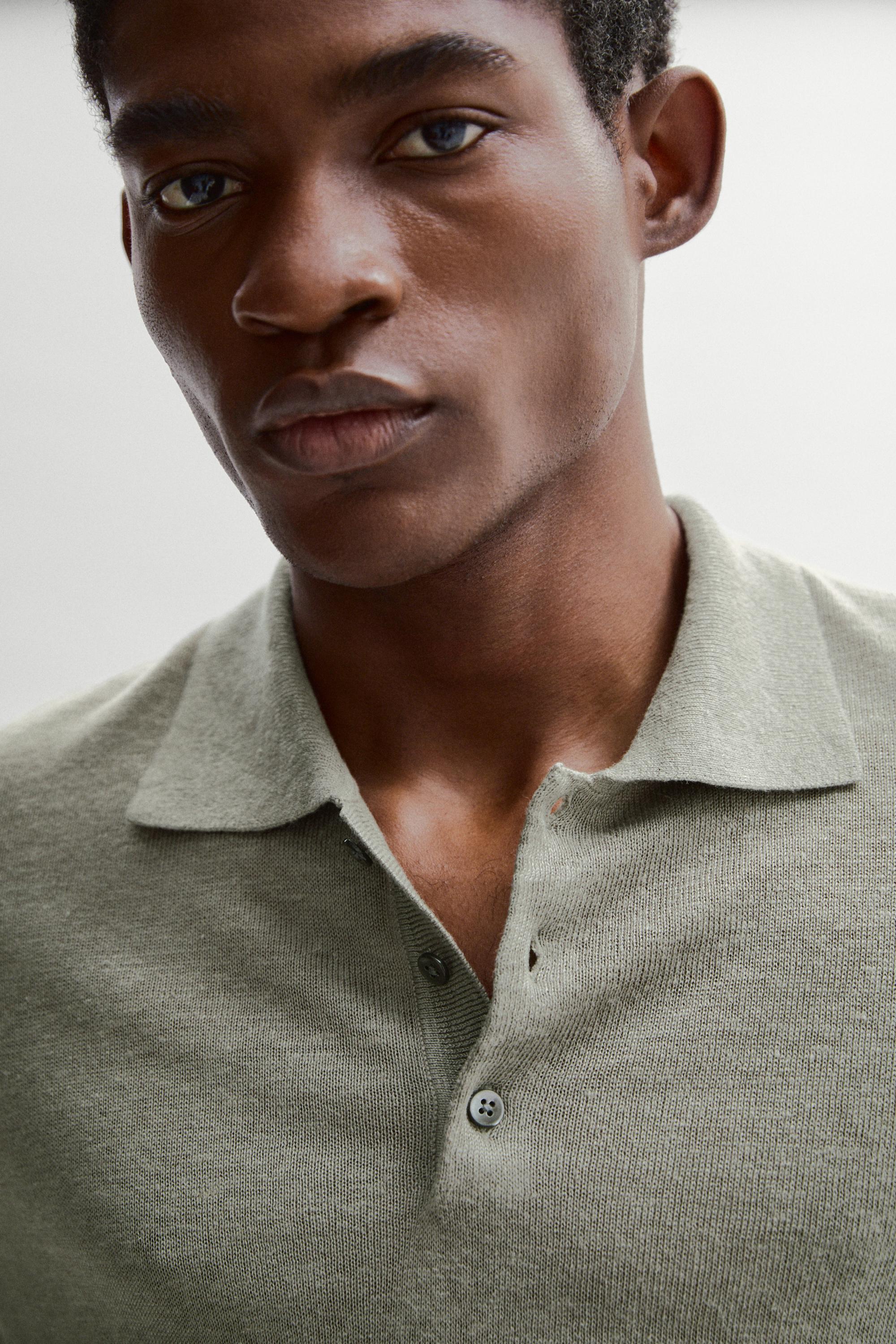 Linen knit polo sweater — MARINE GREEN