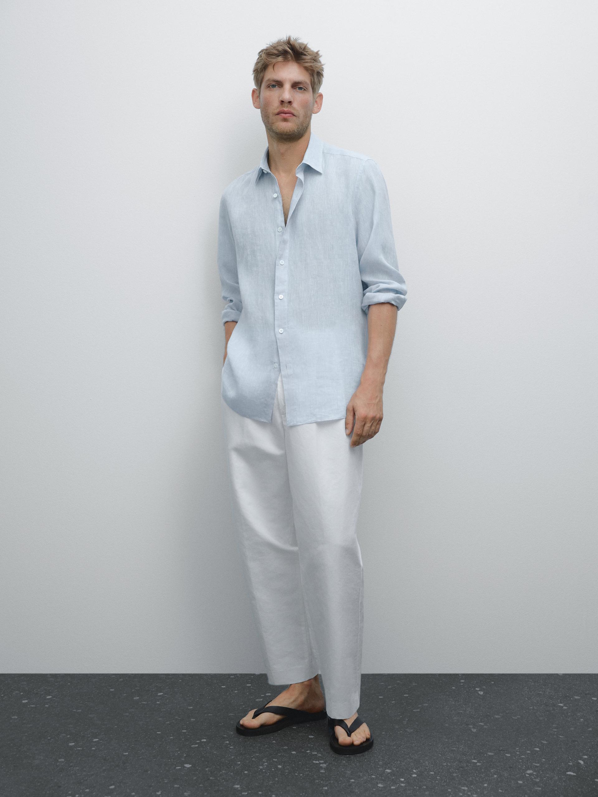 Chemise Slim 100 % Lin - Celeste - Xl - Massimo Dutti - Homme