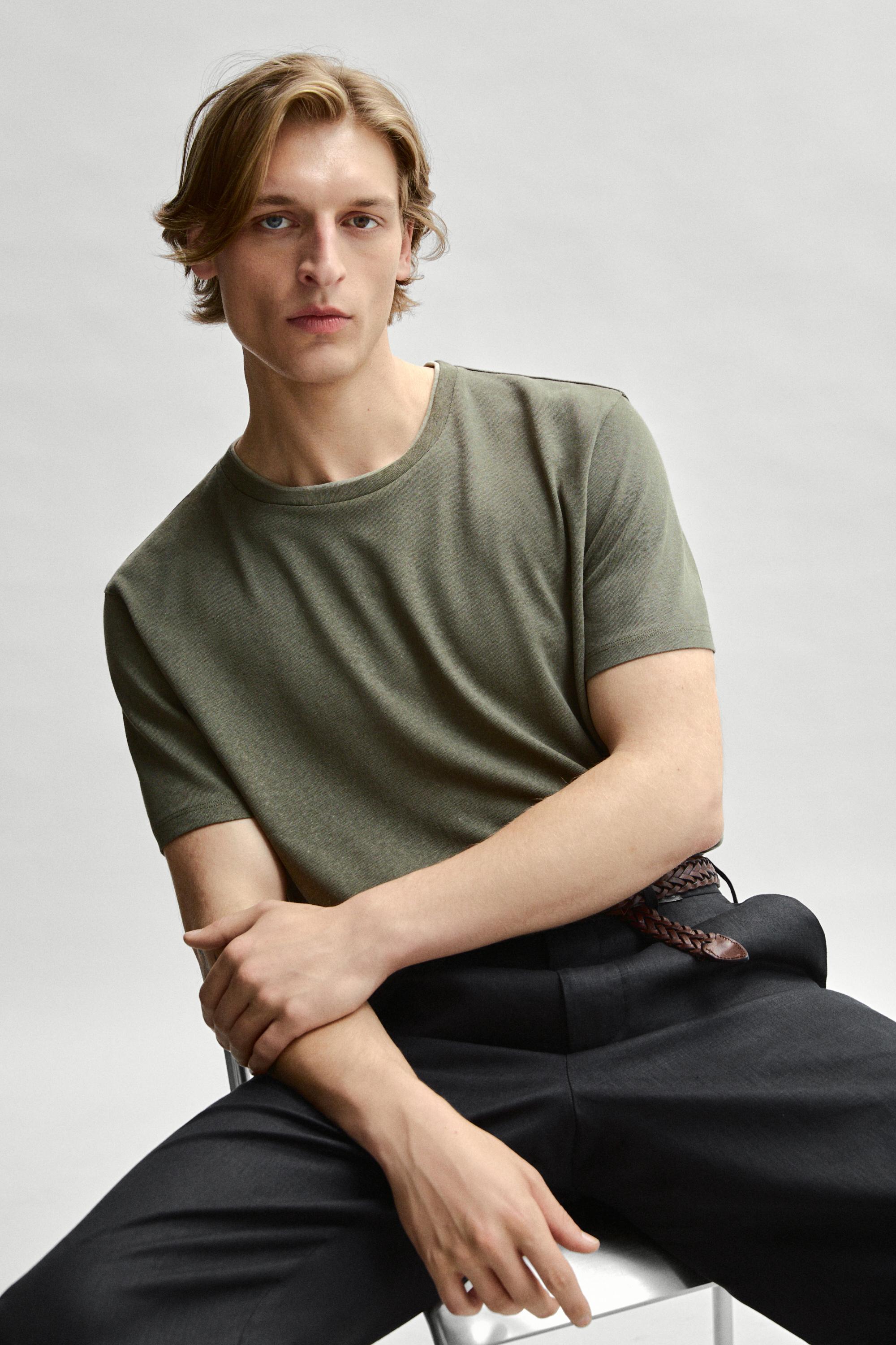 Linen and cotton double-collar T-shirt — KHAKI