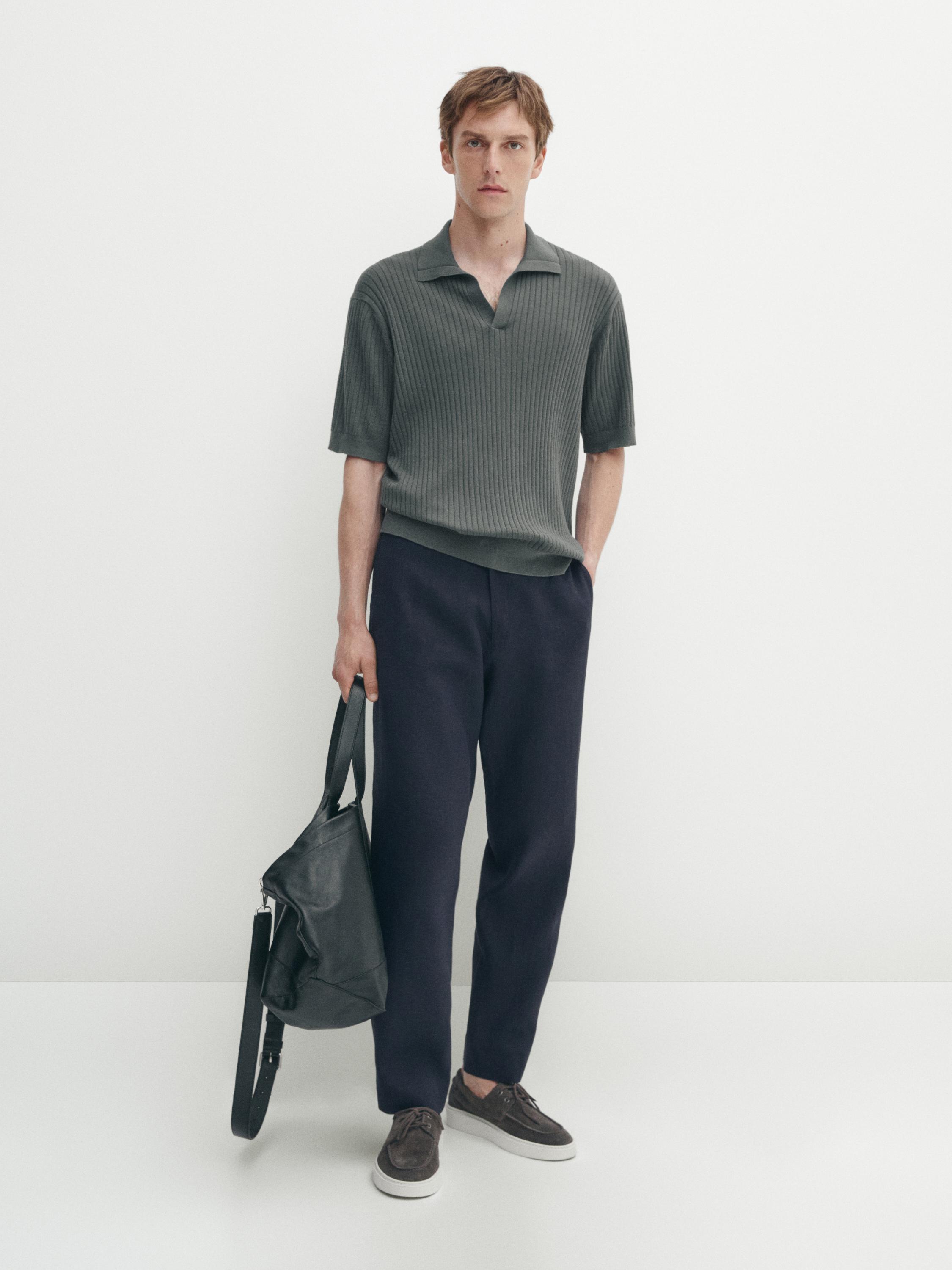 Polo en maille côtelée en coton mélangé avec du lin