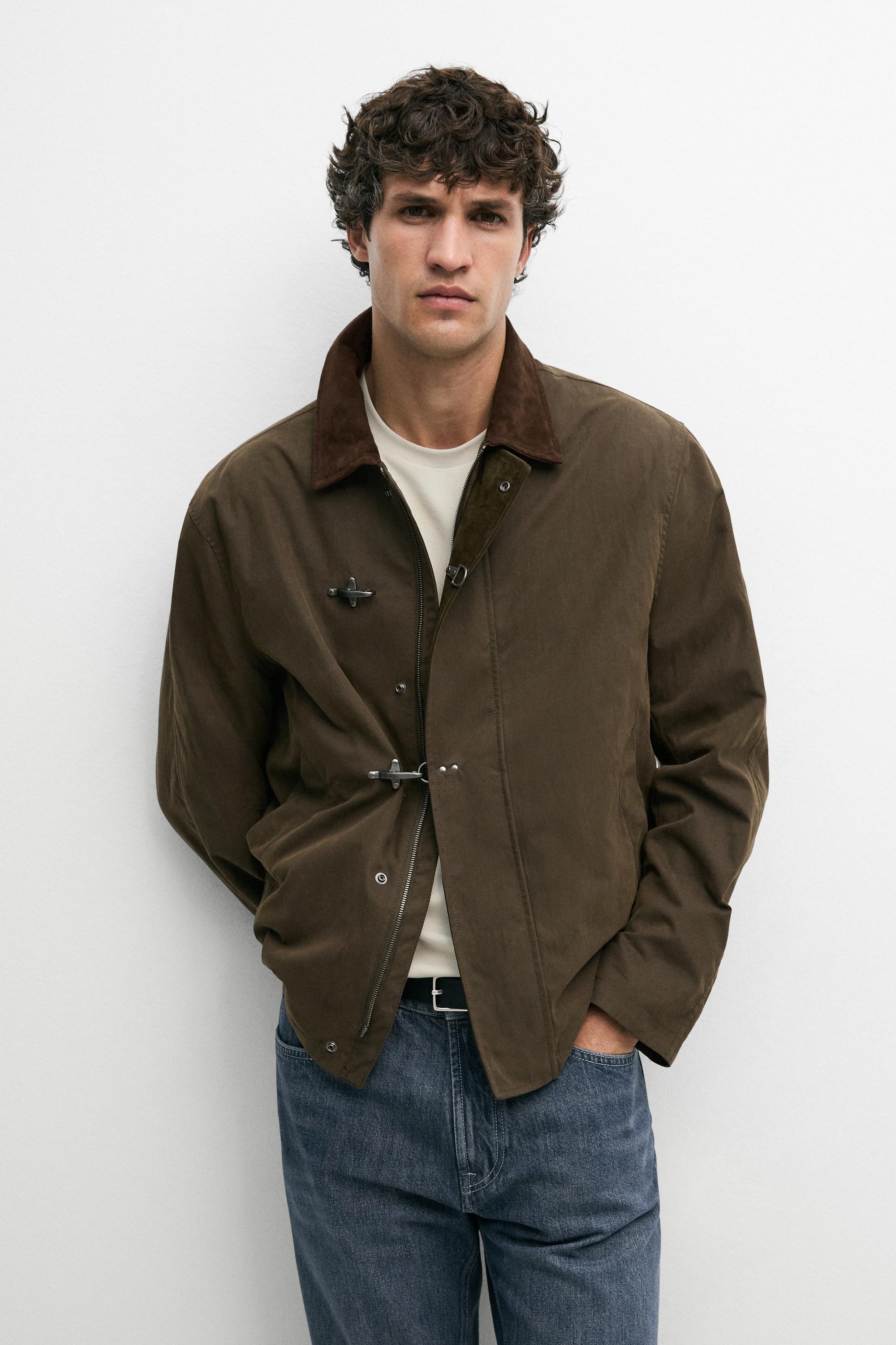 Jacket with leather collar detail — DARK KHAKI