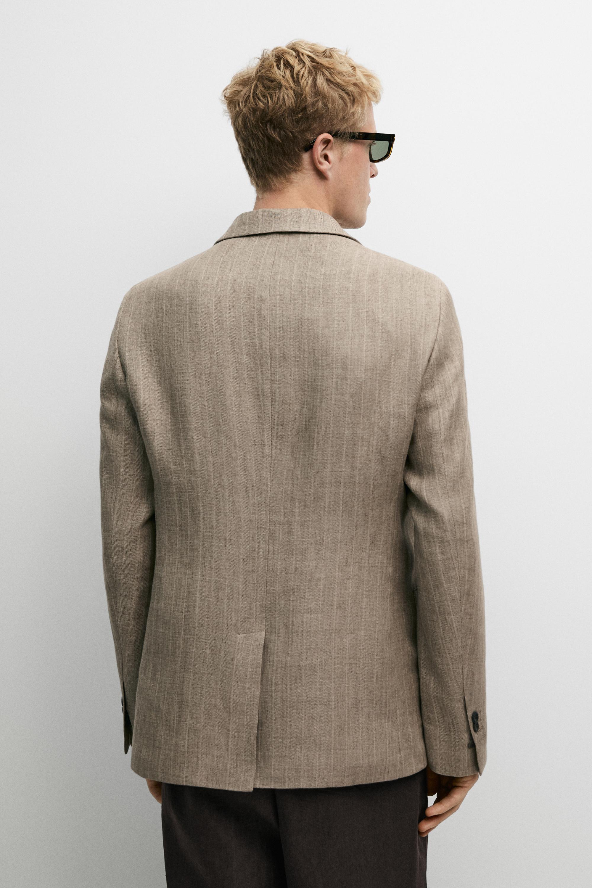 Linen herringbone stripe blazer — BEIGE