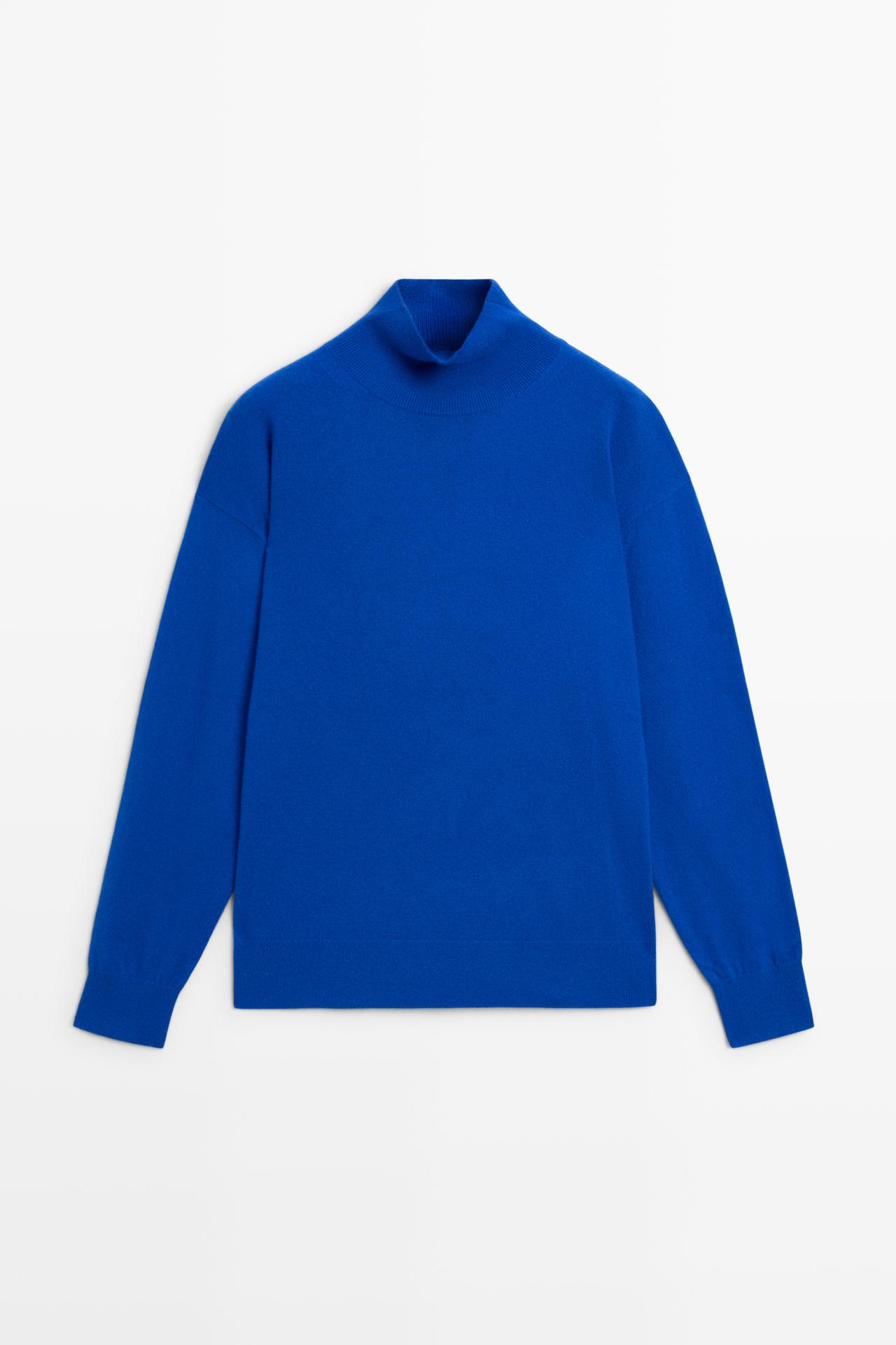 100% cashmere high neck knit sweater — DEEP BLUE