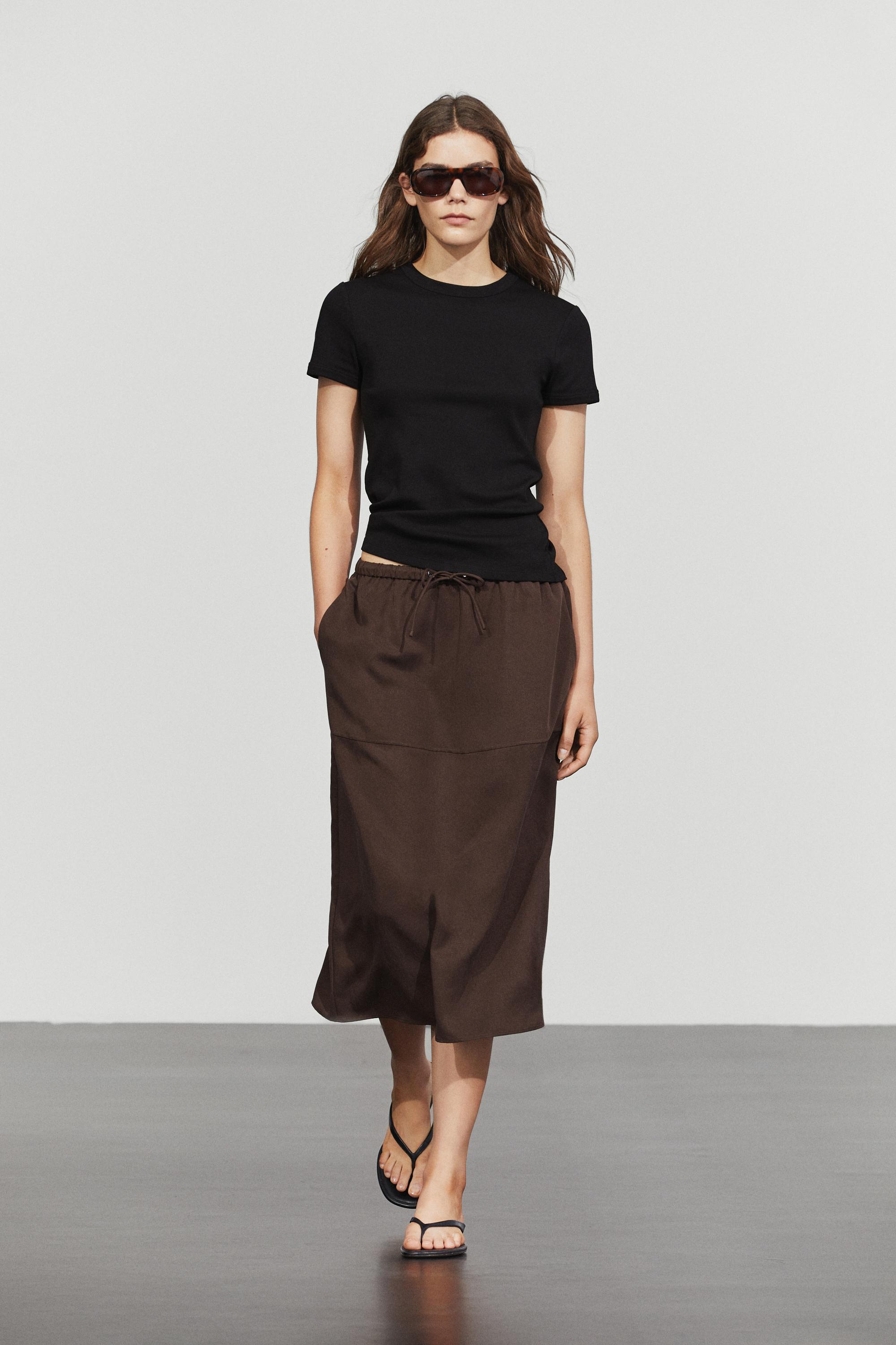 Flowing midi skirt with drawstring — BROWN