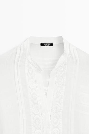 Stand collar blouse with embroidery and ruffles — WHITE 9