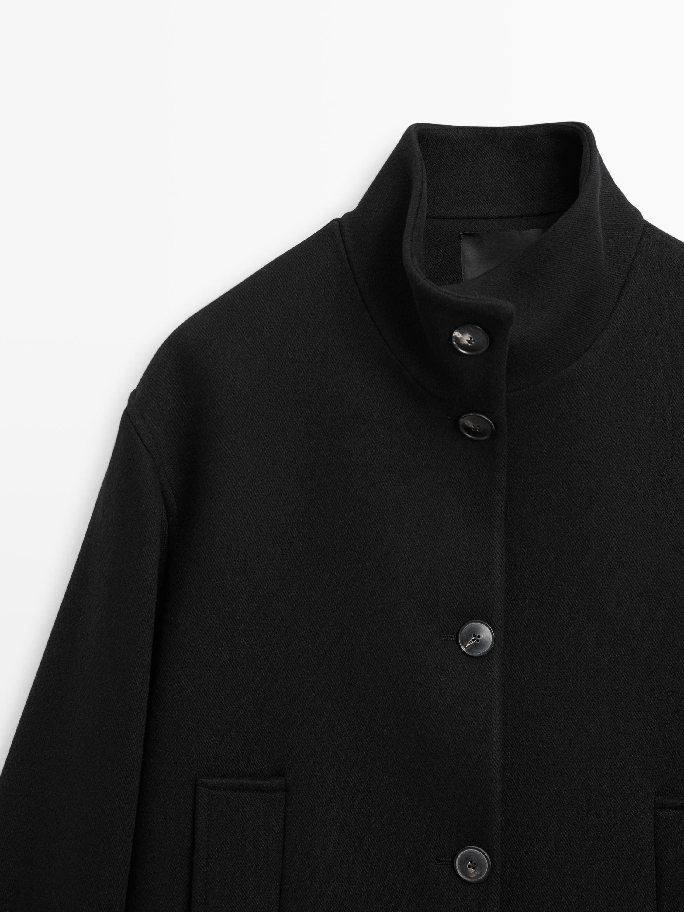 Wool blend high neck coat with button fastening — BLACK