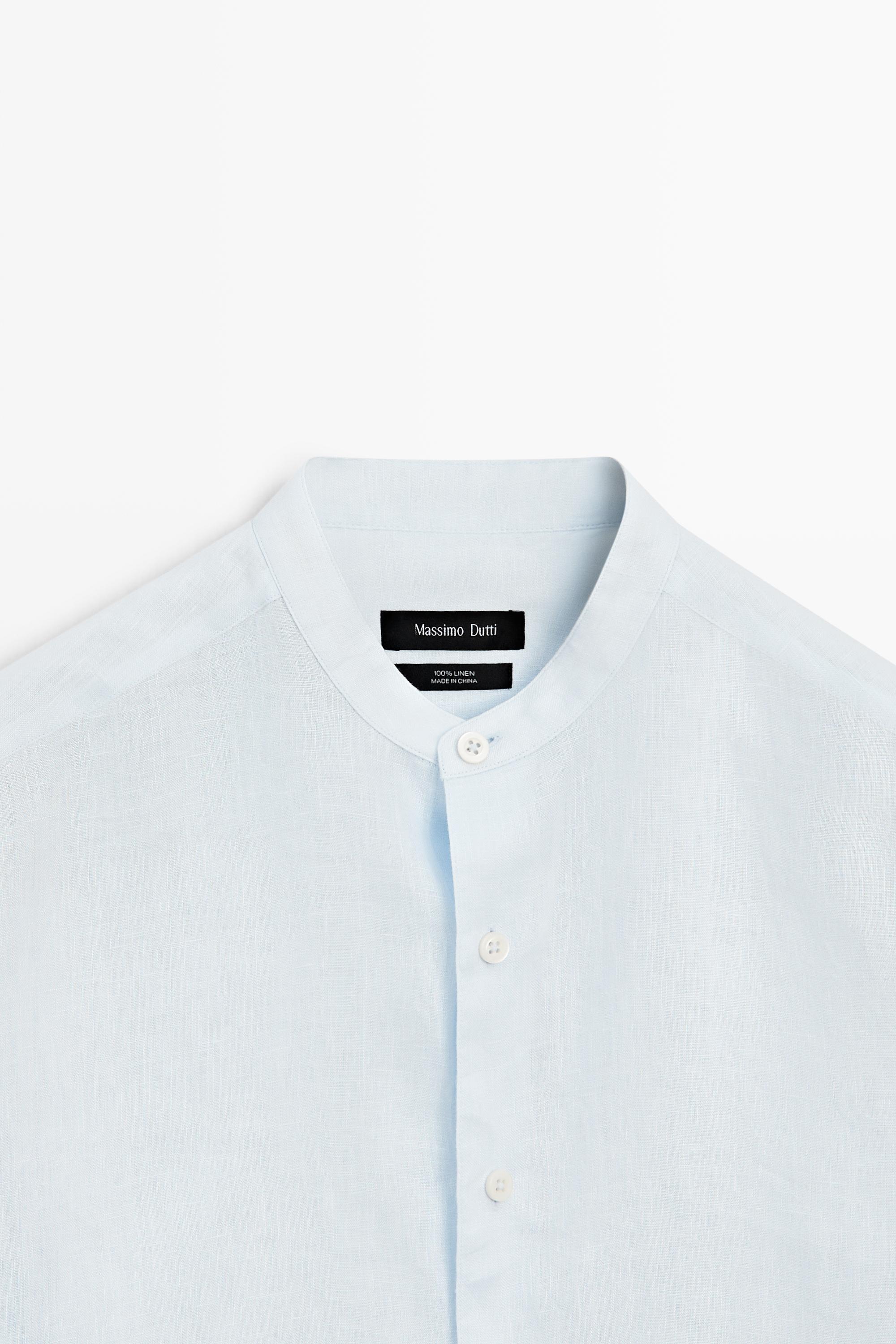 100% linen regular fit stand collar shirt — Sky blue